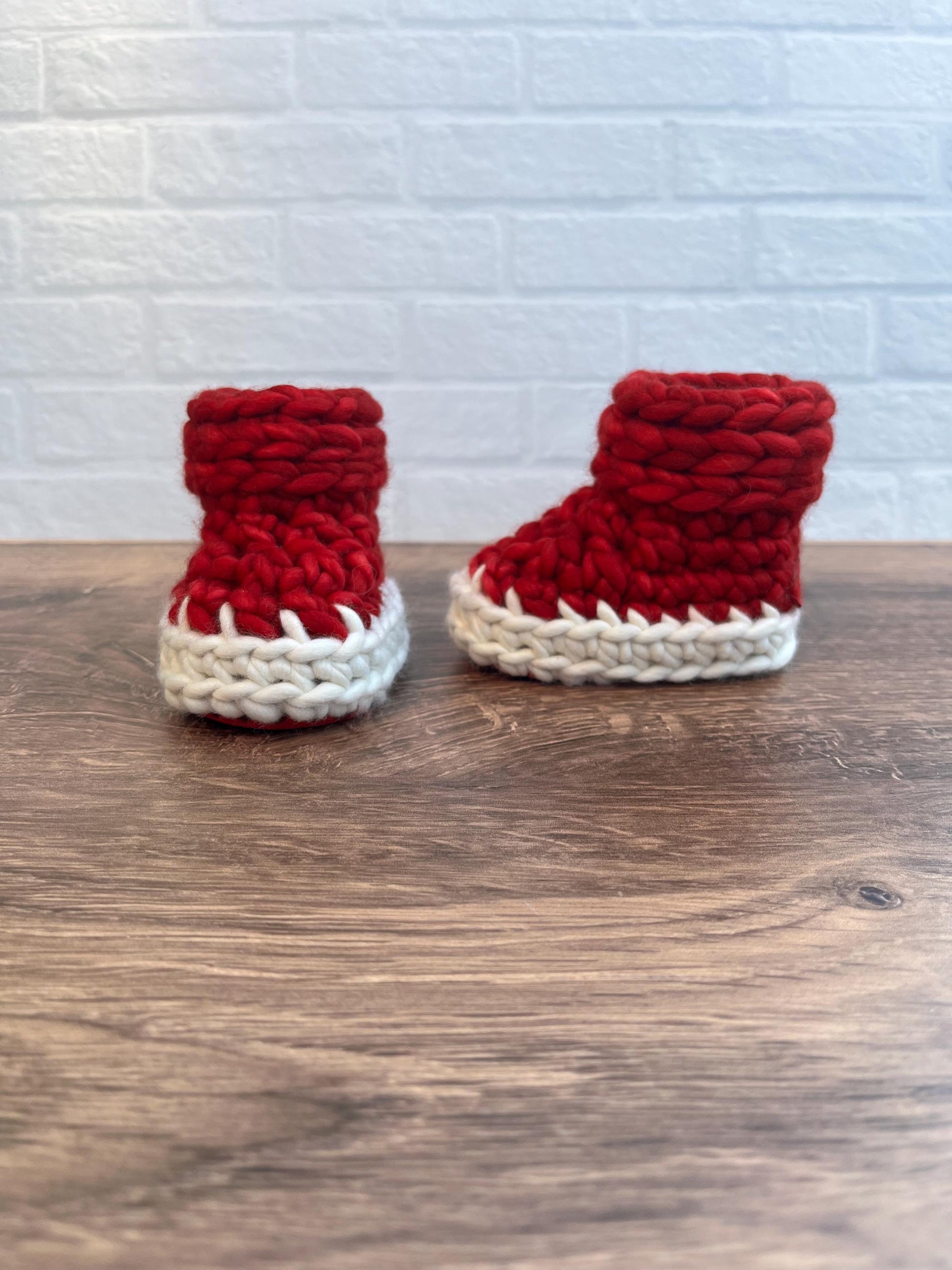 3-6 months - Luxury Red White “My First Christmas” Merino Wool Crochet Baby Booties - Hand Crocheted Baby Booties with Hand Dyed Yarn