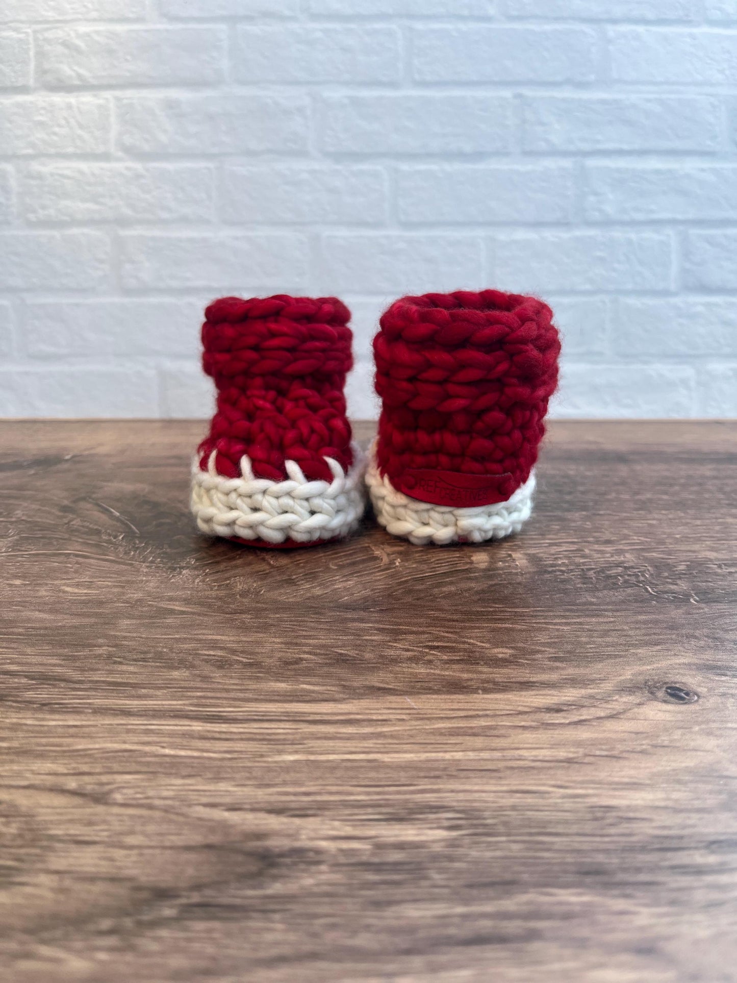 3-6 months - Luxury Red White “My First Christmas” Merino Wool Crochet Baby Booties - Hand Crocheted Baby Booties with Hand Dyed Yarn