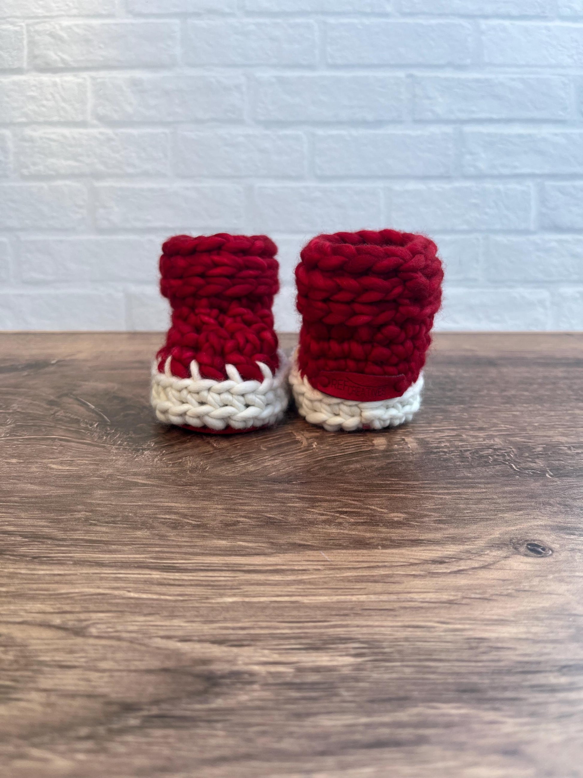 3-6 months - Luxury Red White “My First Christmas” Merino Wool Crochet Baby Booties - Hand Crocheted Baby Booties with Hand Dyed Yarn