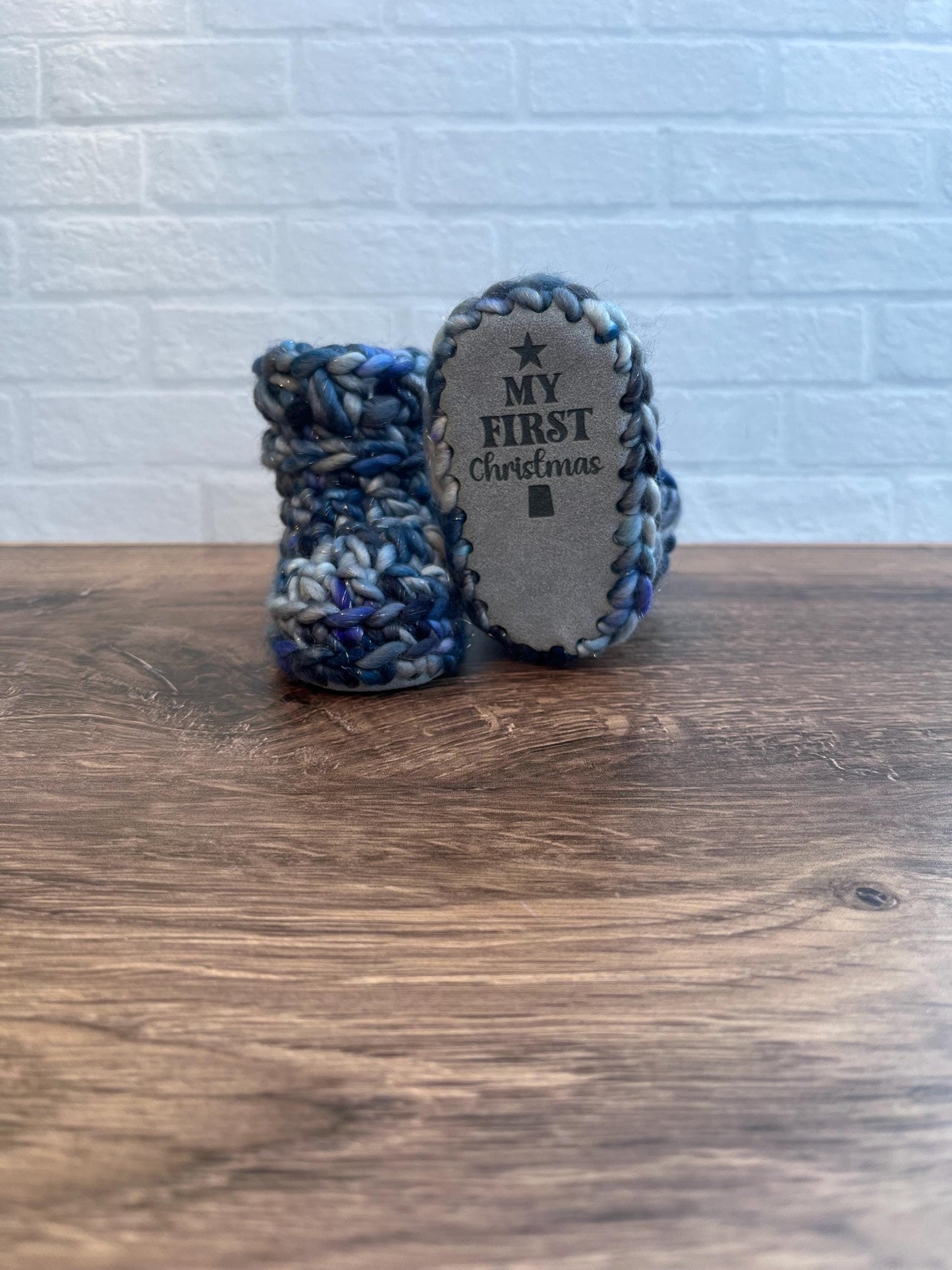 3-6 months - Luxury Sparkly Grey Blue “My First Christmas” Merino Wool Crochet Baby Booties - Hand Crocheted Baby Booties w Hand Dyed Yarn