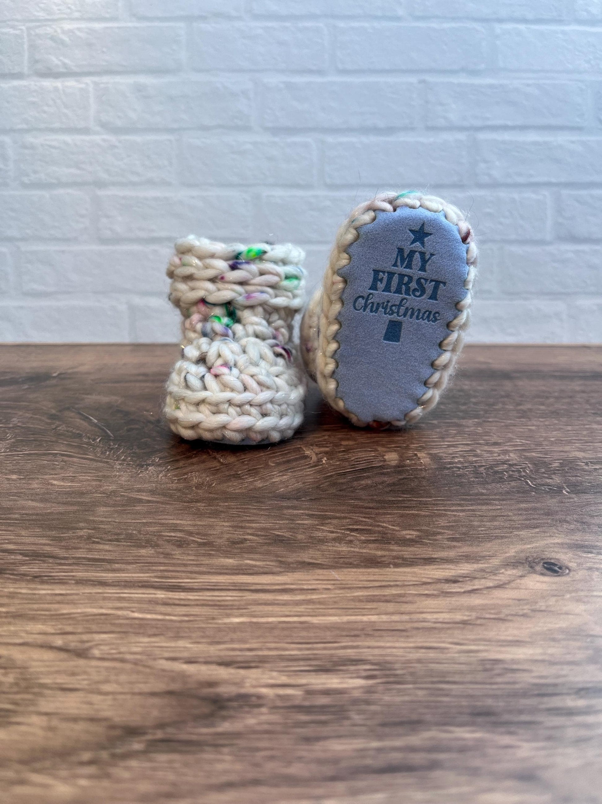 3-6 months - Luxury Sparkly White Rainbow Speckled “My First Christmas” Merino Wool Crochet Baby Booties - Hand Crocheted w Hand Dyed Yarn