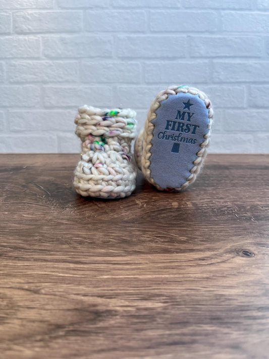 3-6 months - Luxury Sparkly White Rainbow Speckled “My First Christmas” Merino Wool Crochet Baby Booties - Hand Crocheted w Hand Dyed Yarn