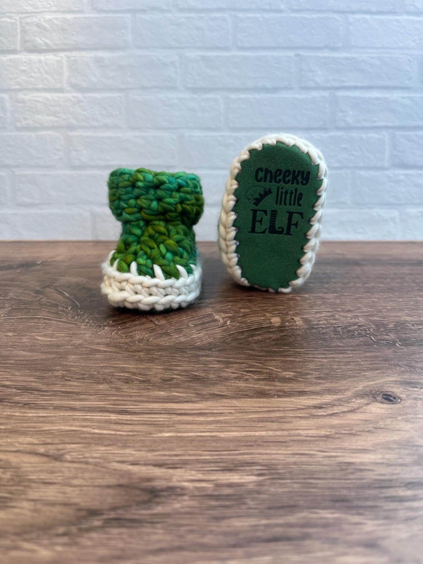 3-6 months - Luxury Green White “Cheeky Little Elf” Merino Wool Crochet Baby Booties - Hand Crocheted Baby Booties with Hand Dyed Yarn