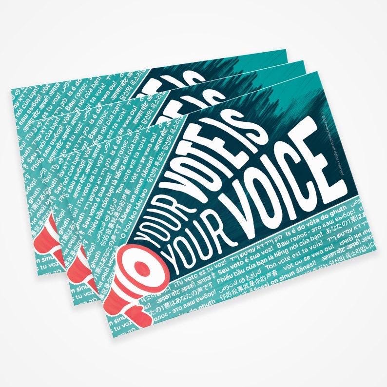 Mary Likes Postcards Your Vote Is Your Voice! Set of 100 postcards, perfect for Postcards to Voters & get out the vote political campaigns.