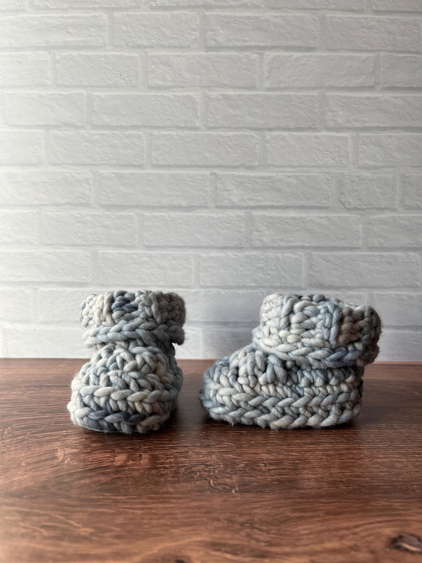 3-6 months - Luxury Grey Blue “I’m Snow Cute” Merino Wool Crochet Baby Booties - Hand Crocheted Baby Booties with Hand Dyed Yarn