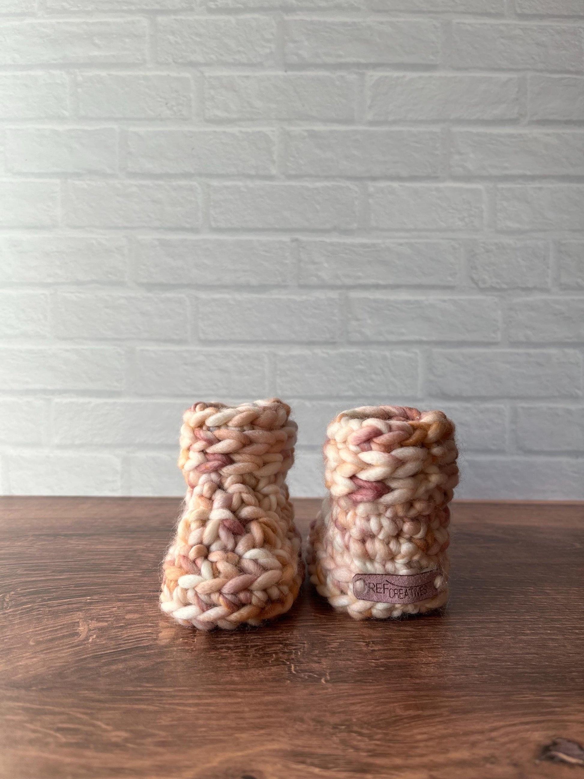 0-3 months - Luxury Mauve “Hello I’m New Here” Merino Wool Crochet Baby Booties - Hand Crocheted Baby Booties with Hand Dyed Yarn