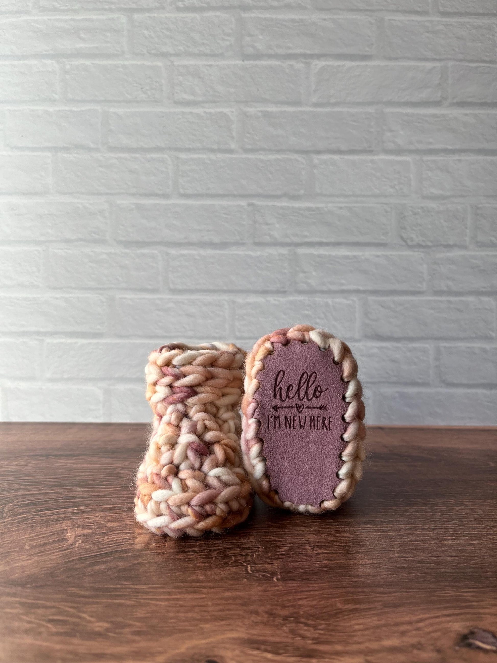 0-3 months - Luxury Mauve “Hello I’m New Here” Merino Wool Crochet Baby Booties - Hand Crocheted Baby Booties with Hand Dyed Yarn