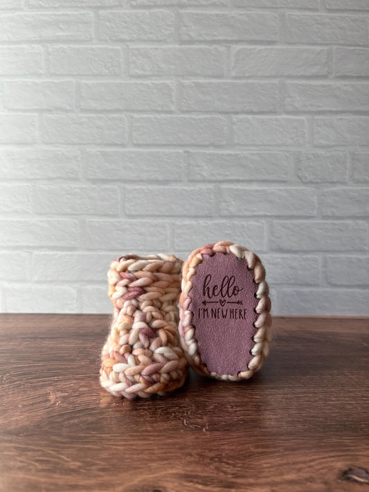 0-3 months - Luxury Mauve “Hello I’m New Here” Merino Wool Crochet Baby Booties - Hand Crocheted Baby Booties with Hand Dyed Yarn