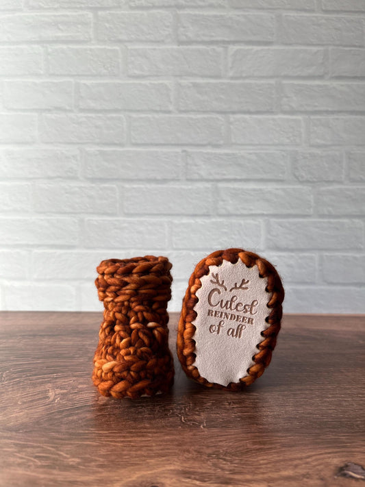 0-3 months - Luxury Brown “Cutest Reindeer of All” Merino Wool Crochet Baby Booties - Hand Crocheted Baby Booties with Hand Dyed Yarn