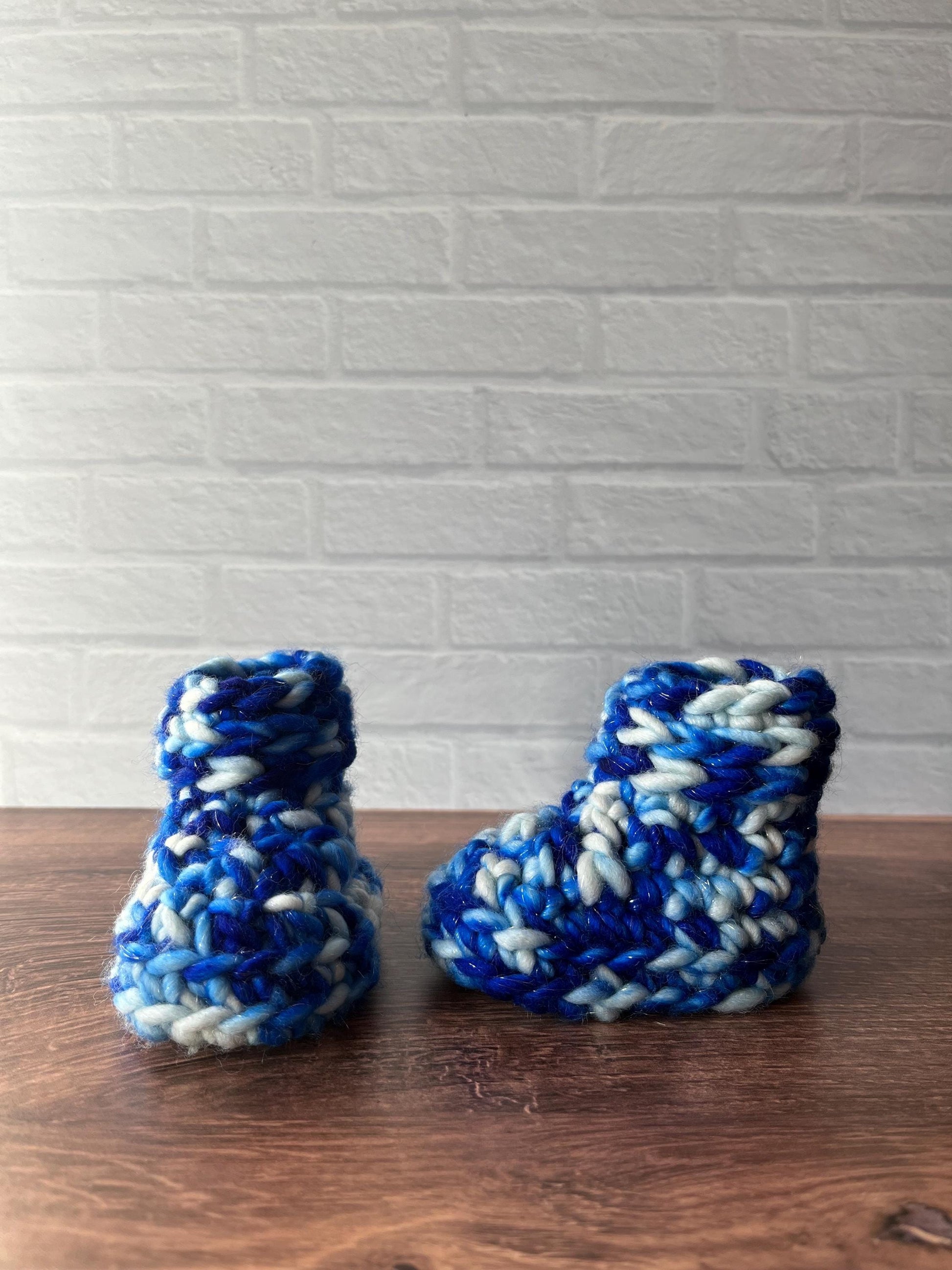 3-6 months - Luxury Sparkly Blue “I'm Snow Cute” Merino Wool Crochet Baby Booties - Hand Crocheted Baby Booties with Hand Dyed Yarn