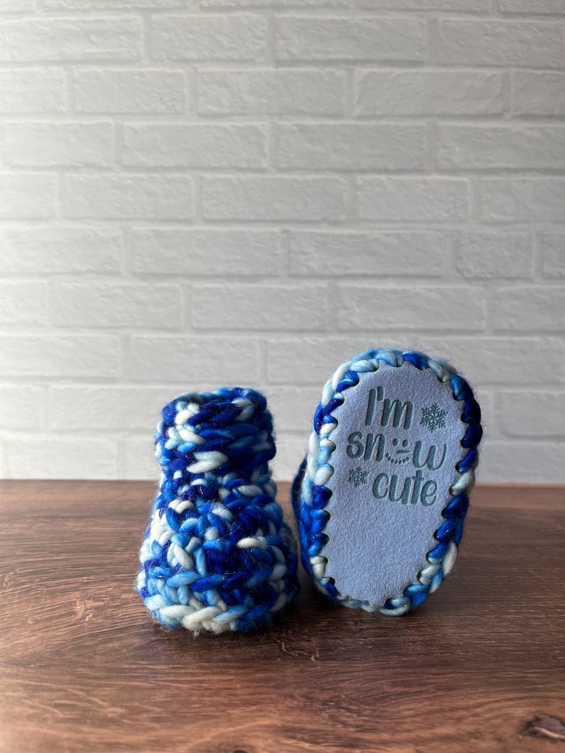 3-6 months - Luxury Sparkly Blue “I'm Snow Cute” Merino Wool Crochet Baby Booties - Hand Crocheted Baby Booties with Hand Dyed Yarn