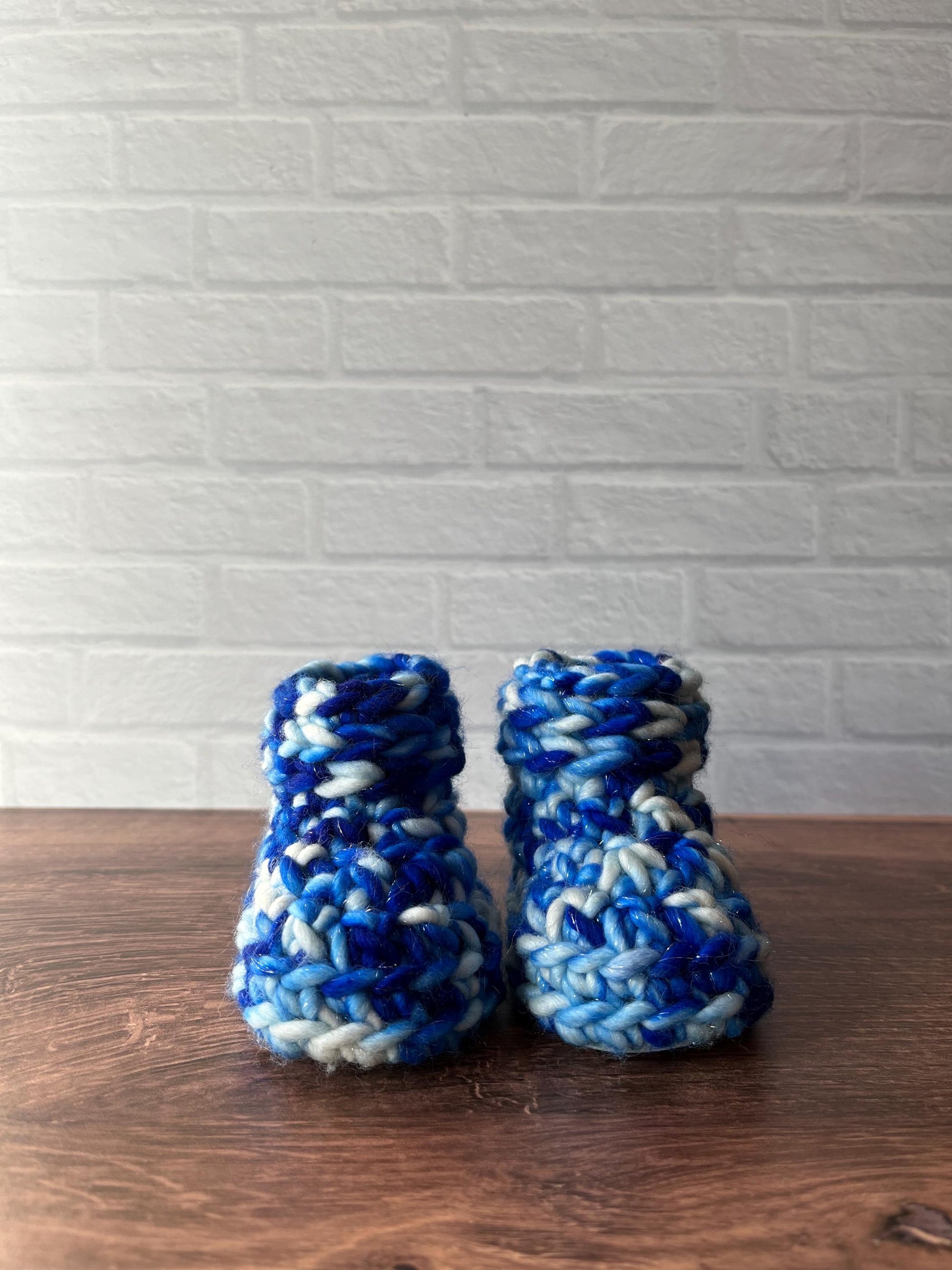 3-6 months - Luxury Sparkly Blue “I'm Snow Cute” Merino Wool Crochet Baby Booties - Hand Crocheted Baby Booties with Hand Dyed Yarn