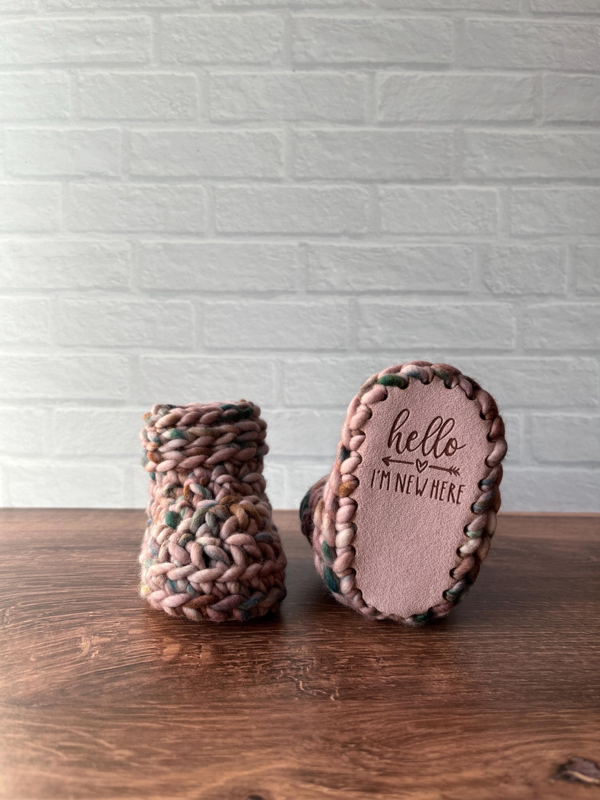 3-6 months - Luxury Muted Pink “Hello I’m New Here” Merino Wool Crochet Baby Booties - Hand Crocheted Baby Booties with Hand Dyed Yarn