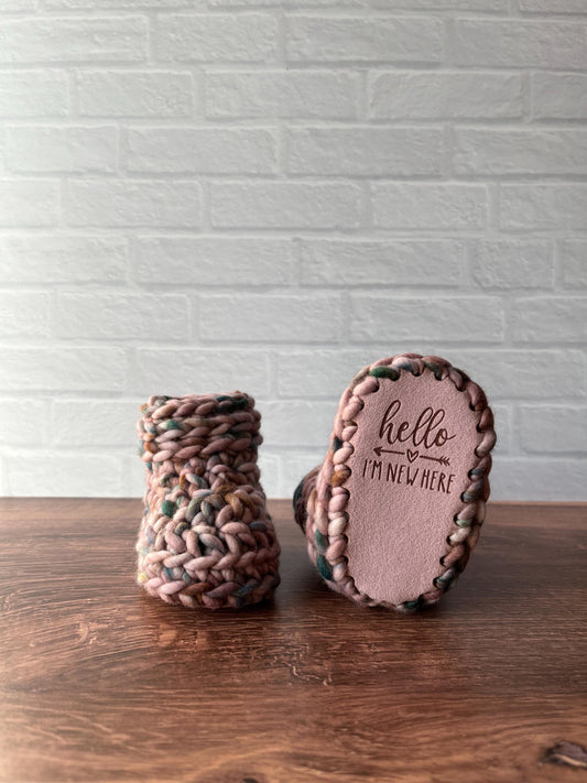 3-6 months - Luxury Muted Pink “Hello I’m New Here” Merino Wool Crochet Baby Booties - Hand Crocheted Baby Booties with Hand Dyed Yarn