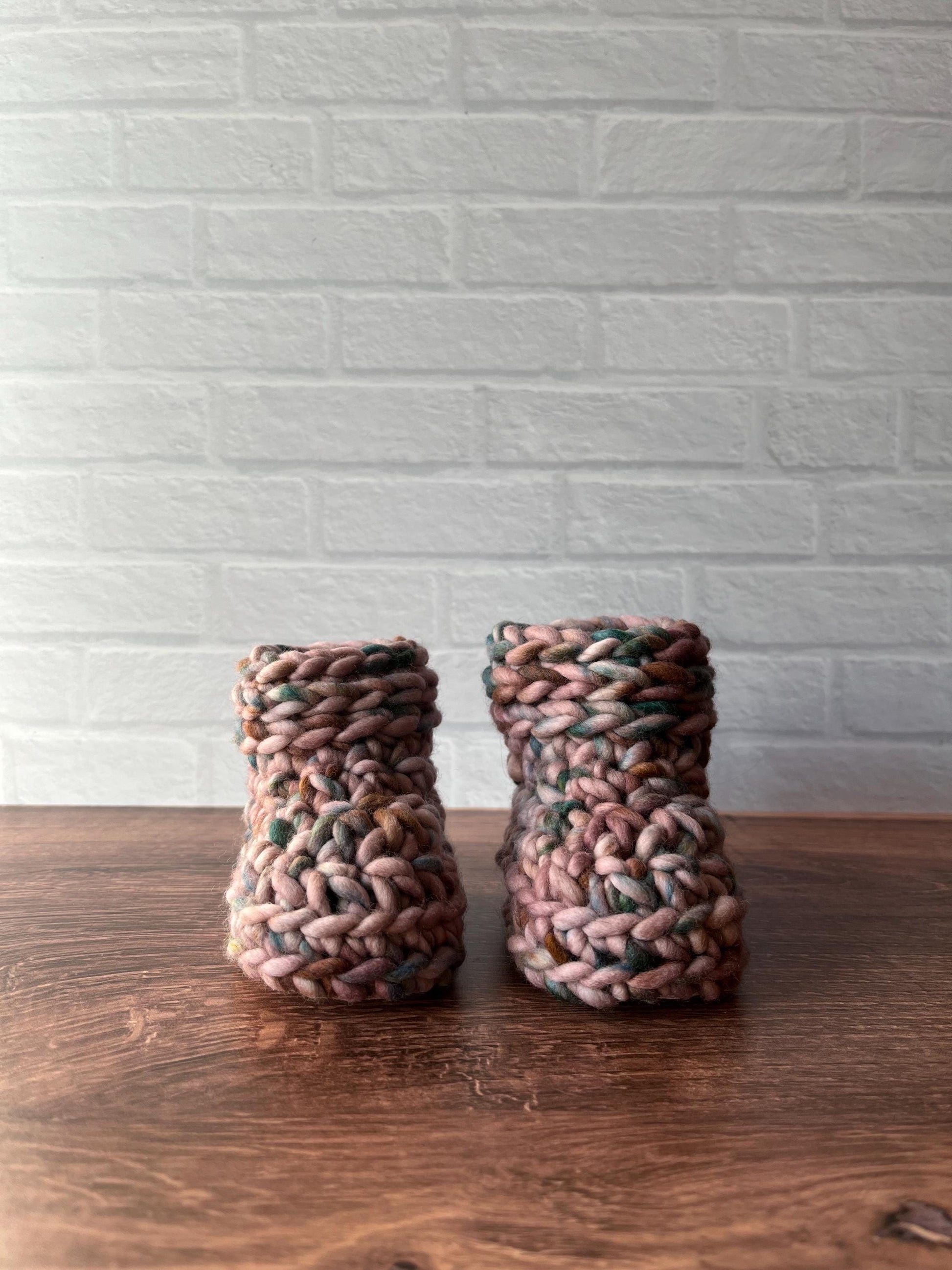 3-6 months - Luxury Muted Pink “Hello I’m New Here” Merino Wool Crochet Baby Booties - Hand Crocheted Baby Booties with Hand Dyed Yarn