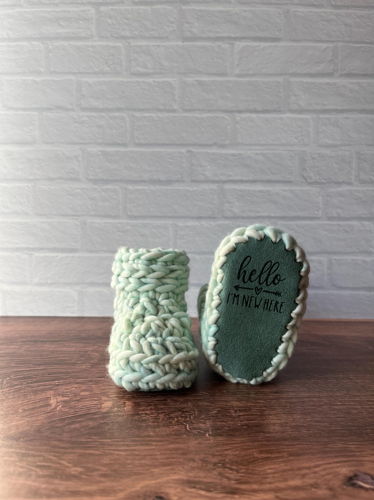 3-6 months - Luxury Green “Hello I’m New Here” Merino Wool Crochet Baby Booties - Hand Crocheted Baby Booties with Hand Dyed Yarn