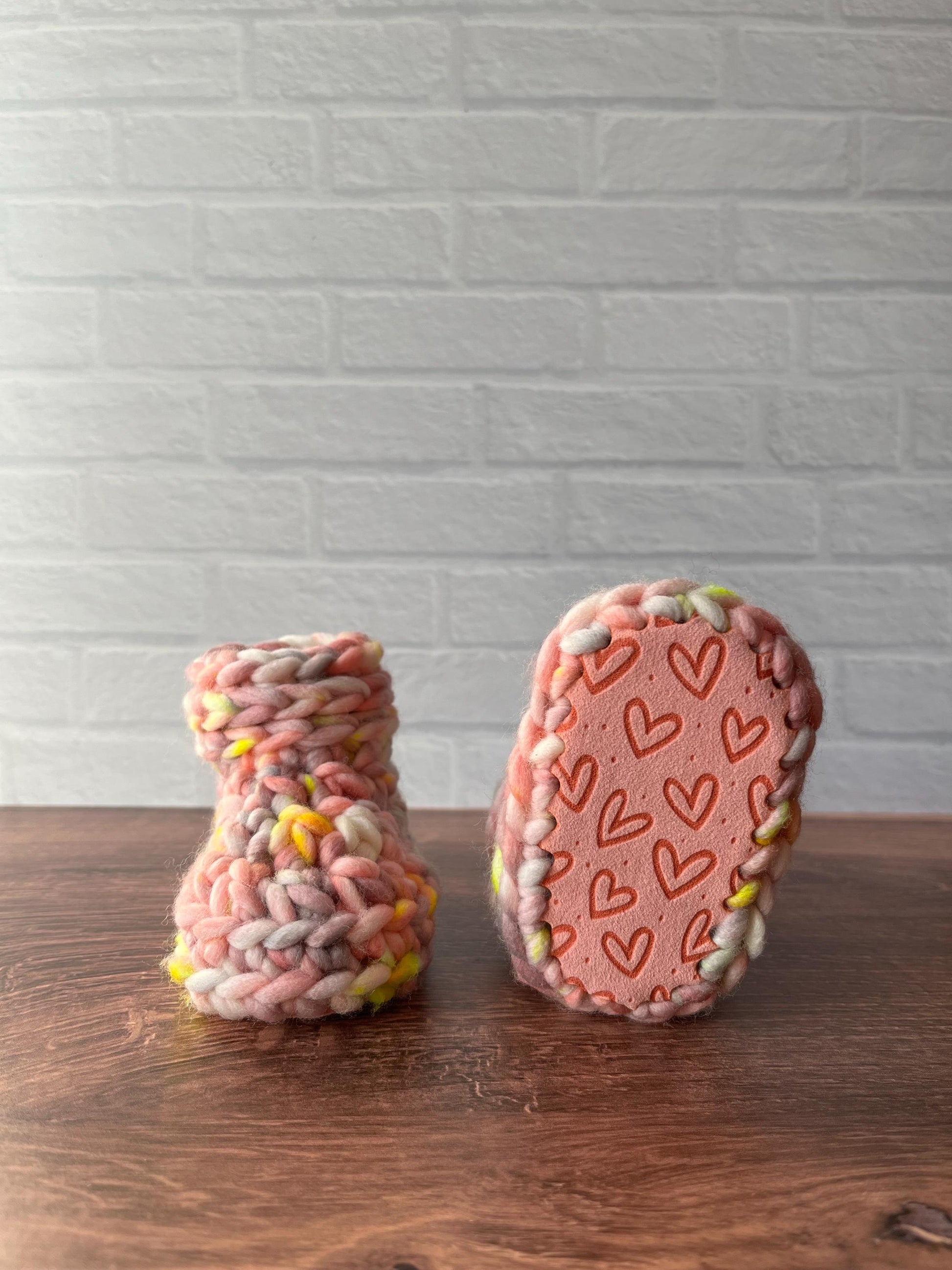 3-6 months - Luxury Pastel Pink Hearts Merino Wool Crochet Baby Booties - Hand Crocheted Baby Booties with Hand Dyed Yarn