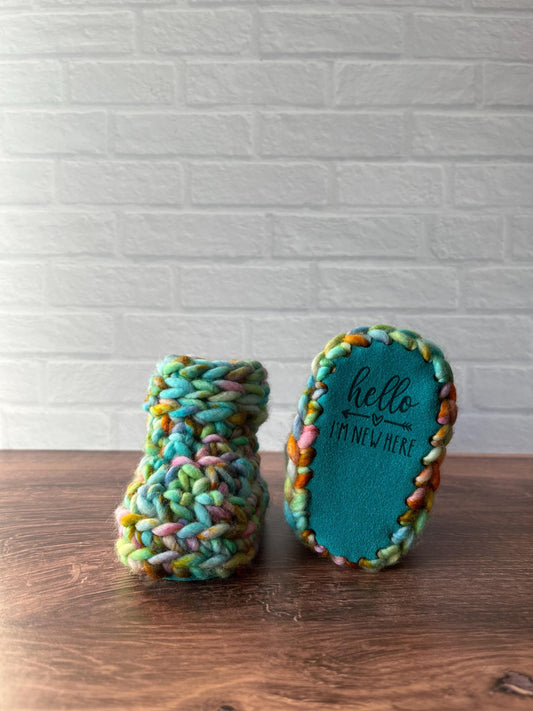 3-6 months - Luxury Turquoise “Hello I’m New Here” Merino Wool Crochet Baby Booties - Hand Crocheted Baby Booties with Hand Dyed Yarn