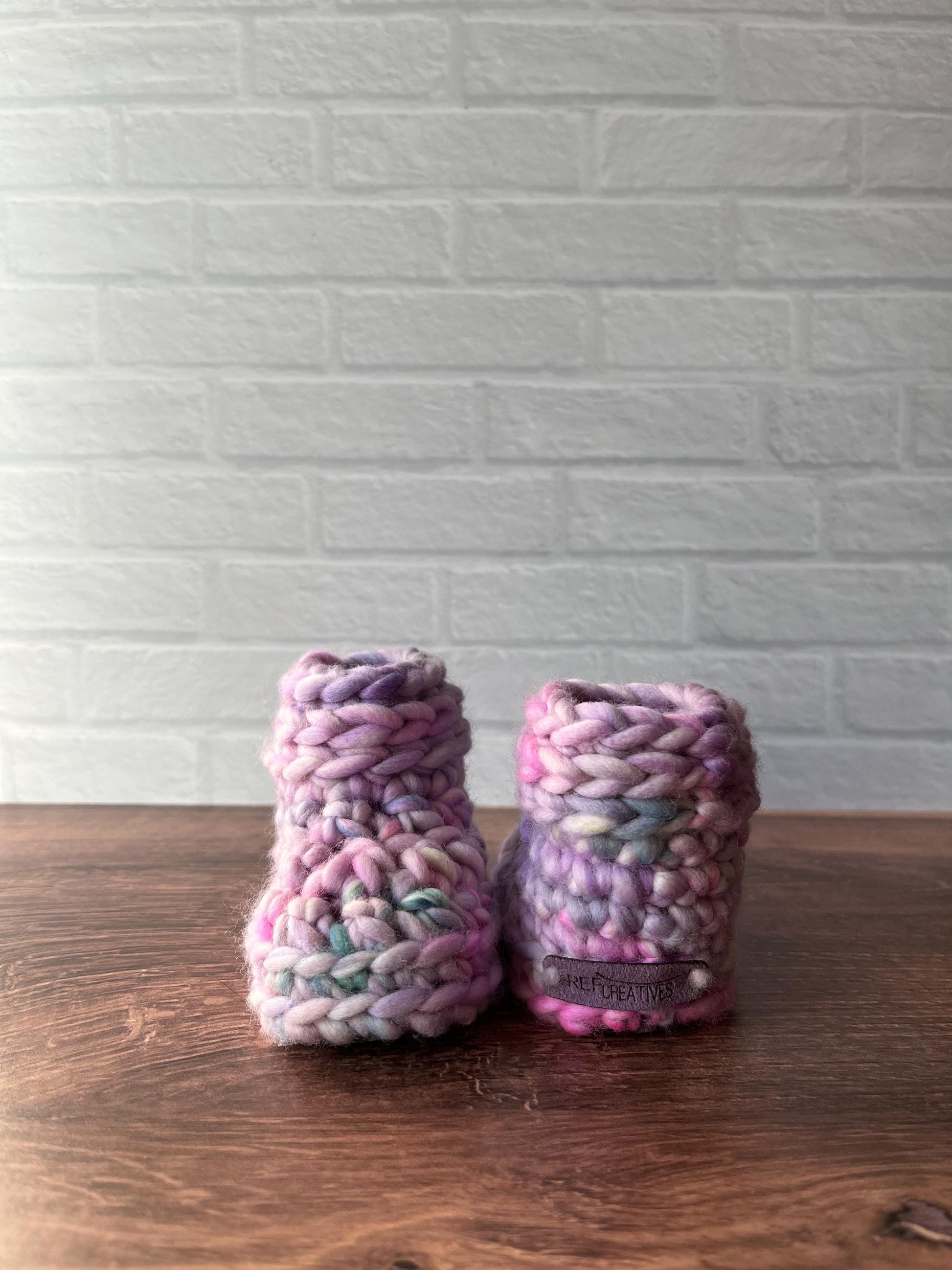 3-6 months - Luxury Pastel “Hello I’m New Here” Merino Wool Crochet Baby Booties - Hand Crocheted Baby Booties with Hand Dyed Yarn