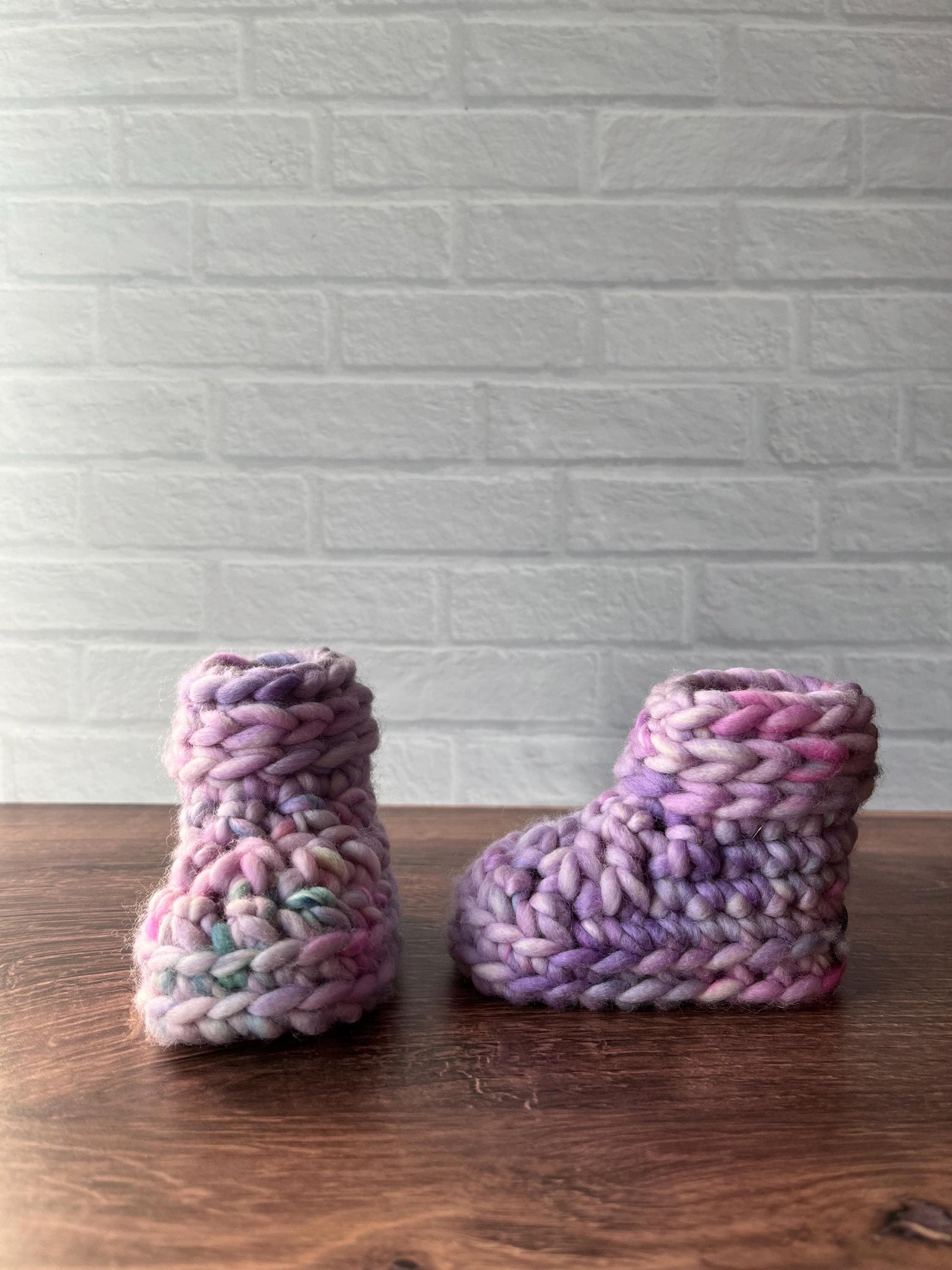 3-6 months - Luxury Pastel “Hello I’m New Here” Merino Wool Crochet Baby Booties - Hand Crocheted Baby Booties with Hand Dyed Yarn