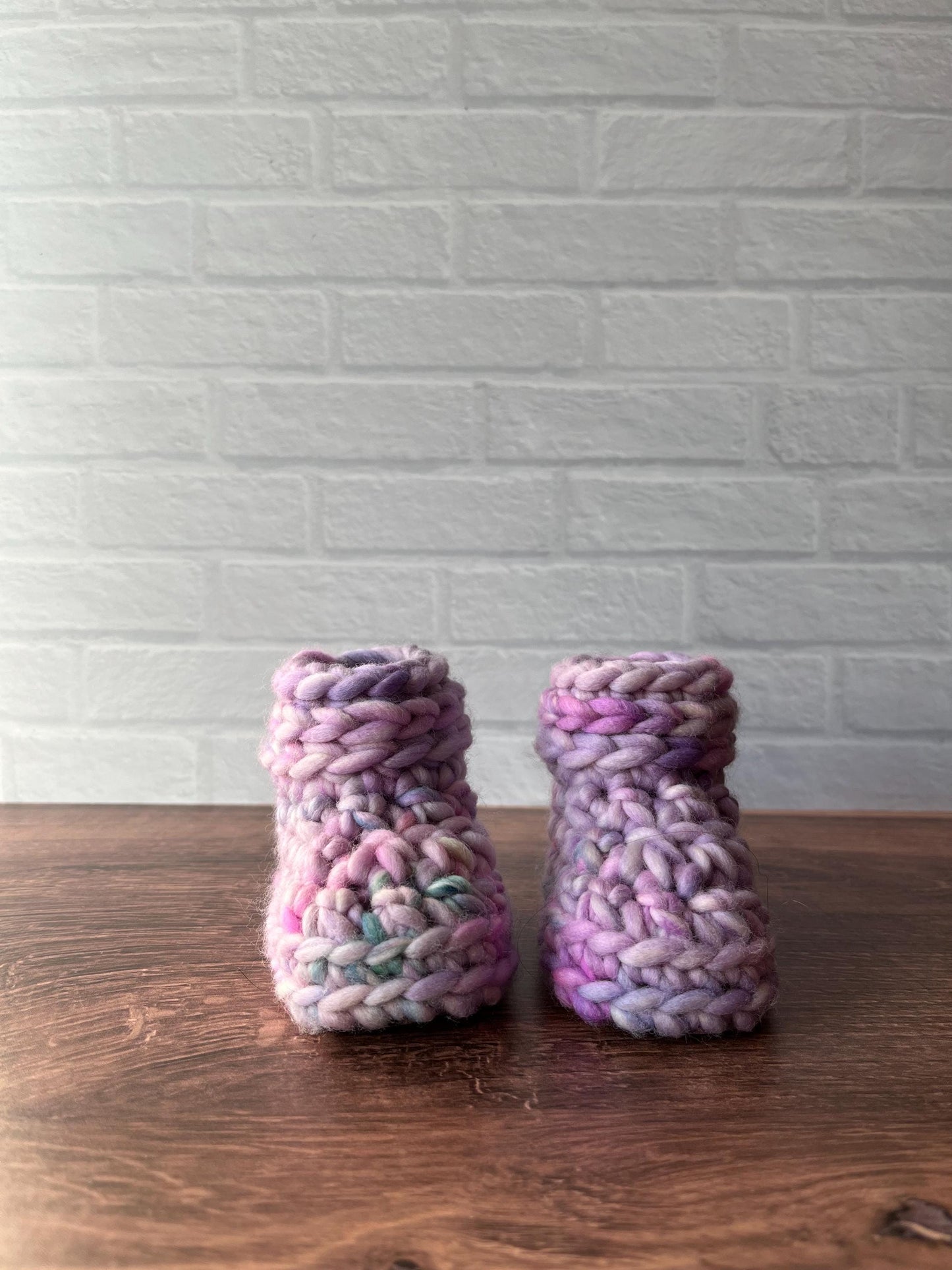 3-6 months - Luxury Pastel “Hello I’m New Here” Merino Wool Crochet Baby Booties - Hand Crocheted Baby Booties with Hand Dyed Yarn