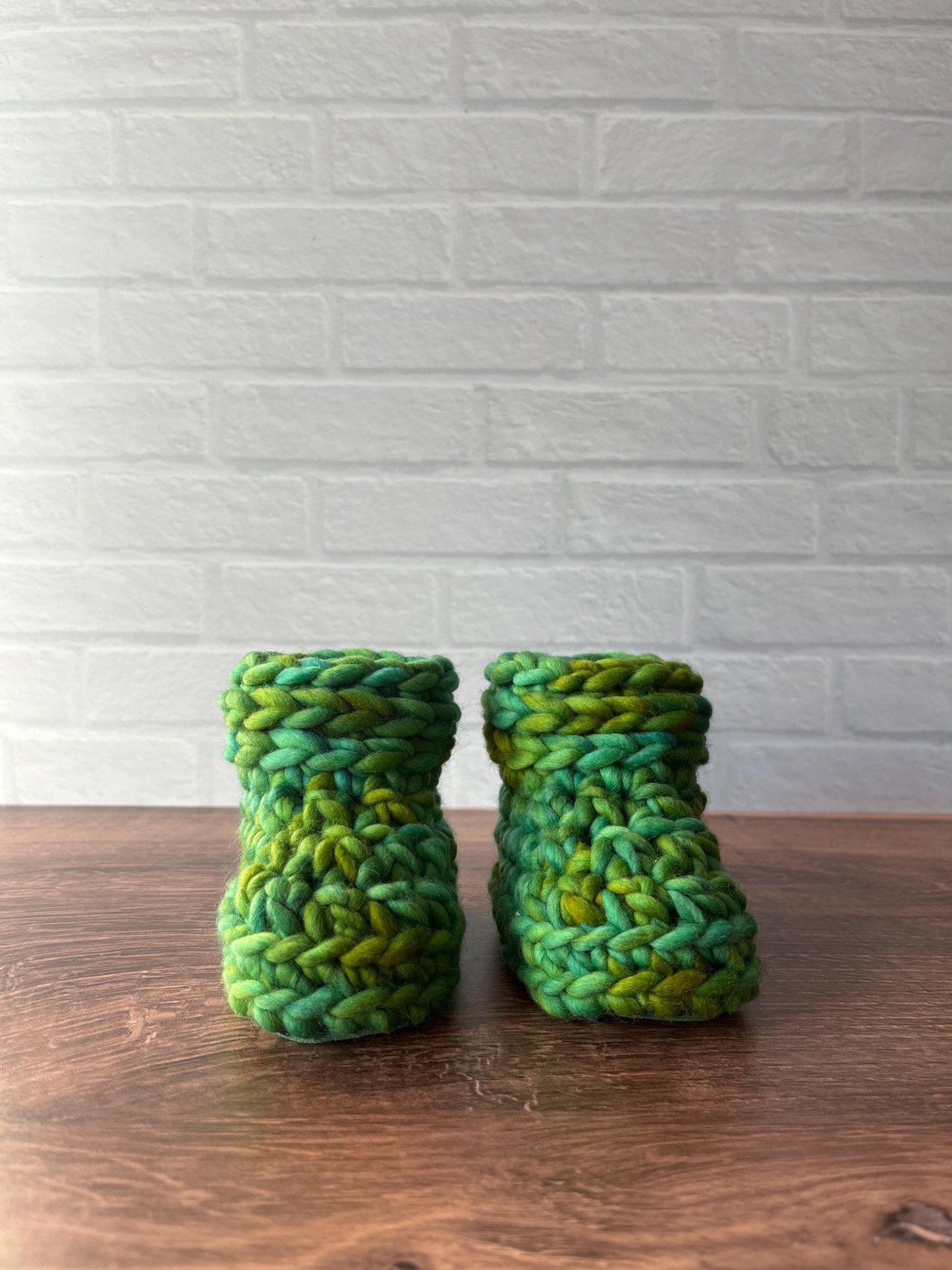 3-6 months - Luxury Green “Dear Santa I Can Explain” Merino Wool Crochet Baby Booties - Hand Crocheted Baby Booties with Hand Dyed Yarn
