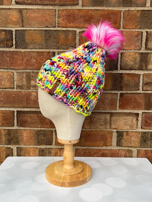Luxury Bright Speckled Merino Wool Ribbed Knit Hat - Yellow Pink Blue Classic Beanie Hand Knit Hat with Hand Dyed Yarn