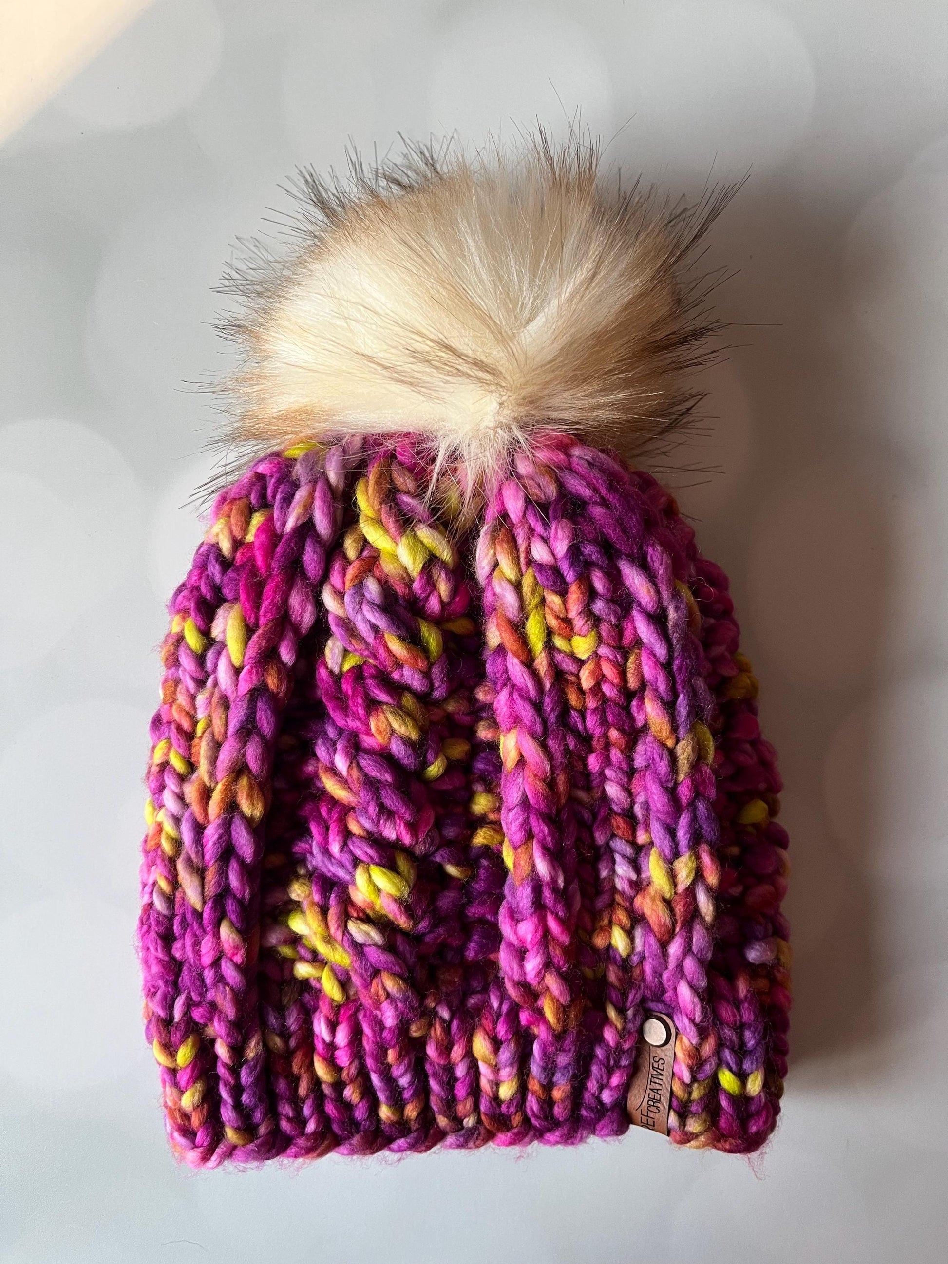 Luxury Purple Pink Merino Wool Ribbed Knit Hat - Yellow Pink Blue Classic Beanie Hand Knit Hat with Hand Dyed Yarn