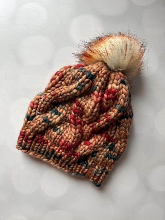 Luxury Brown Cabled Merino Wool Knit Beanie - Creek and Gully Hand Knit Hat with Hand Dyed Yarn