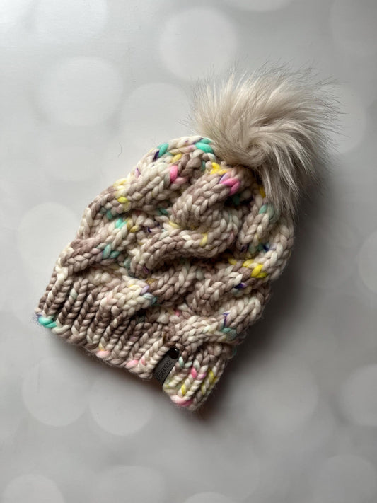 Luxury White Grey Cabled Merino Wool Knit Hat - Neutral Speckled Neon Cables Hand Knit Hat with Hand Dyed Yarn