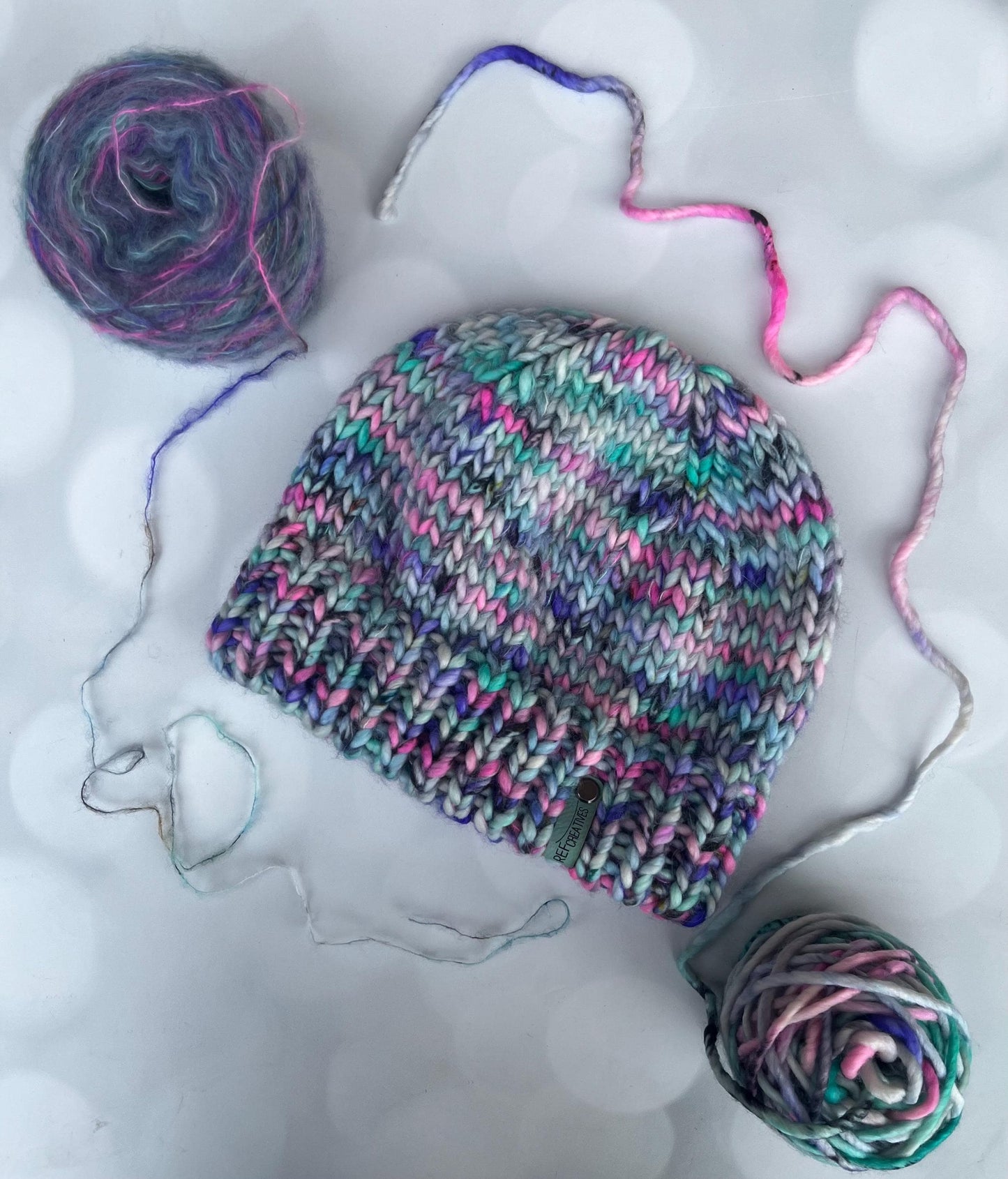 Luxury Grey Aqua Pink Purple Double Brim Merino Wool Beanie - Fuzzy Hand Knit Hat with Hand Dyed Yarn