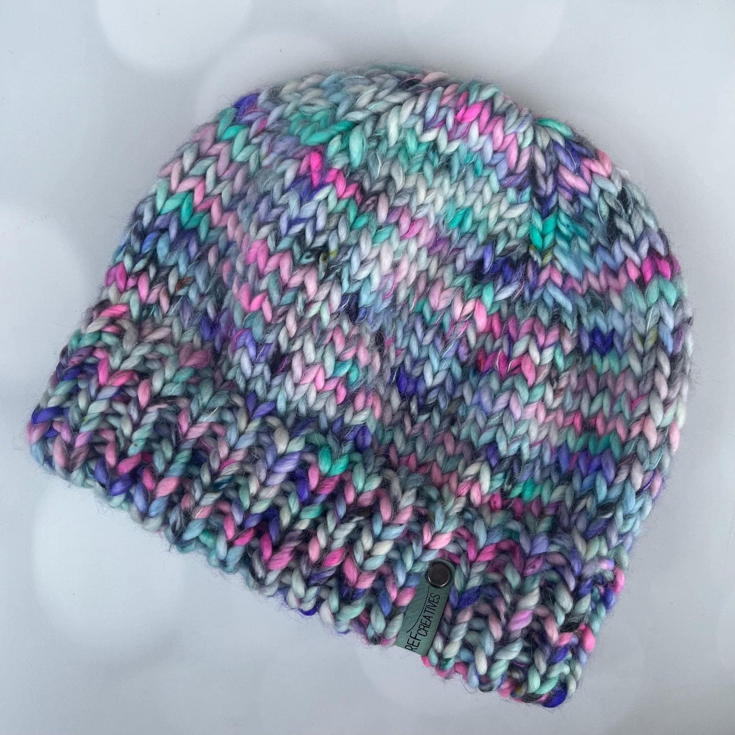 Luxury Grey Aqua Pink Purple Double Brim Merino Wool Beanie - Fuzzy Hand Knit Hat with Hand Dyed Yarn
