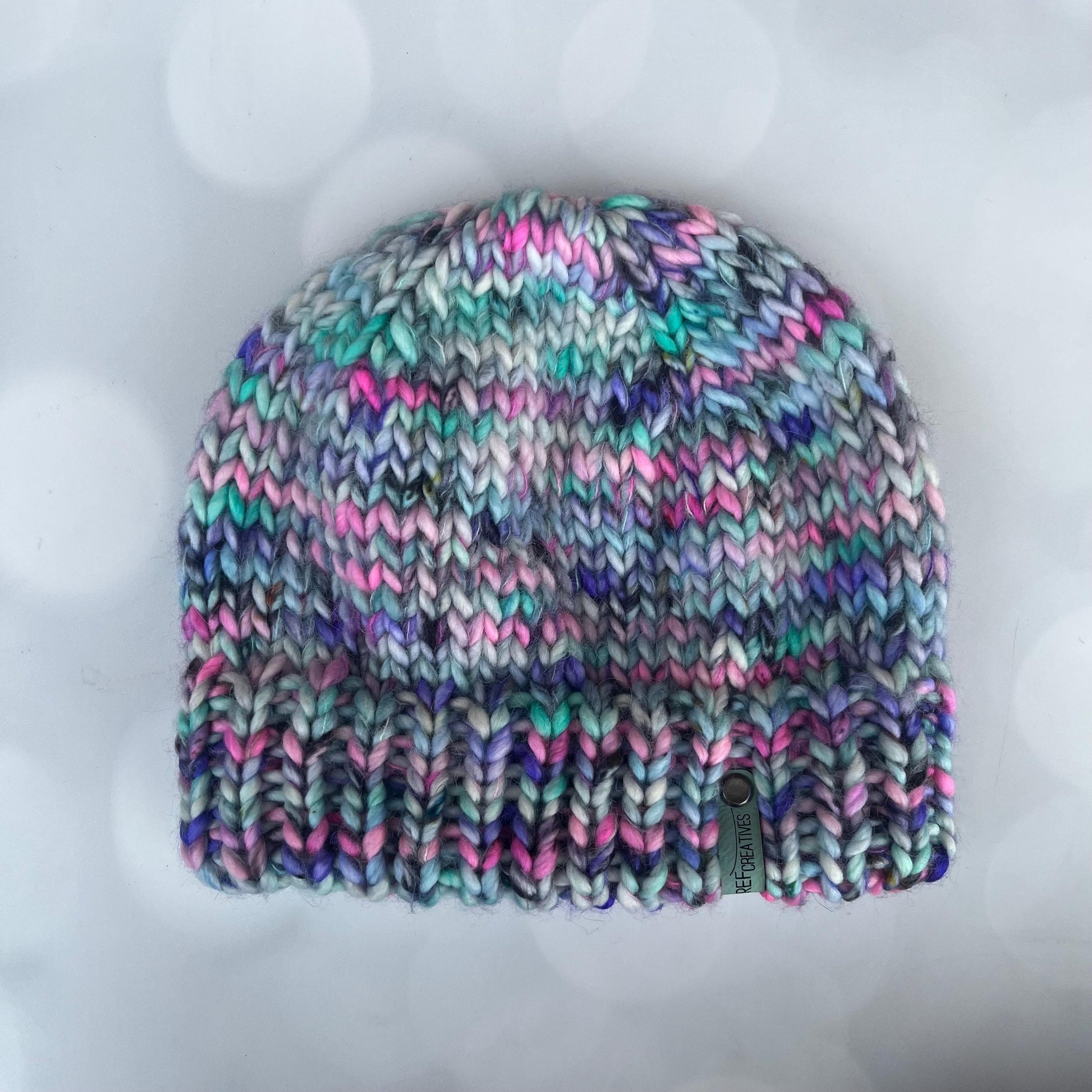 Luxury Grey Aqua Pink Purple Double Brim Merino Wool Beanie - Fuzzy Hand Knit Hat with Hand Dyed Yarn