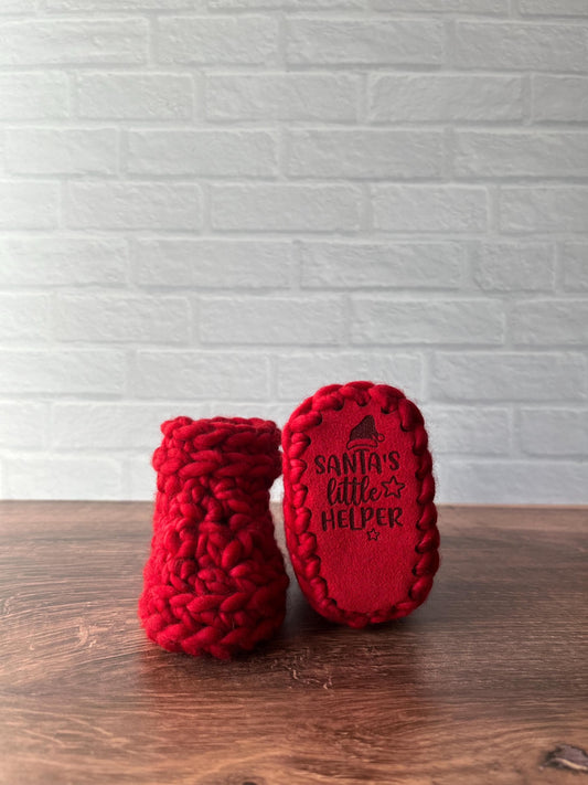 0-3 months - Luxury Blue “Santa’s Little Helper” Merino Wool Crochet Baby Booties - Hand Crocheted Baby Booties with Hand Dyed Yarn