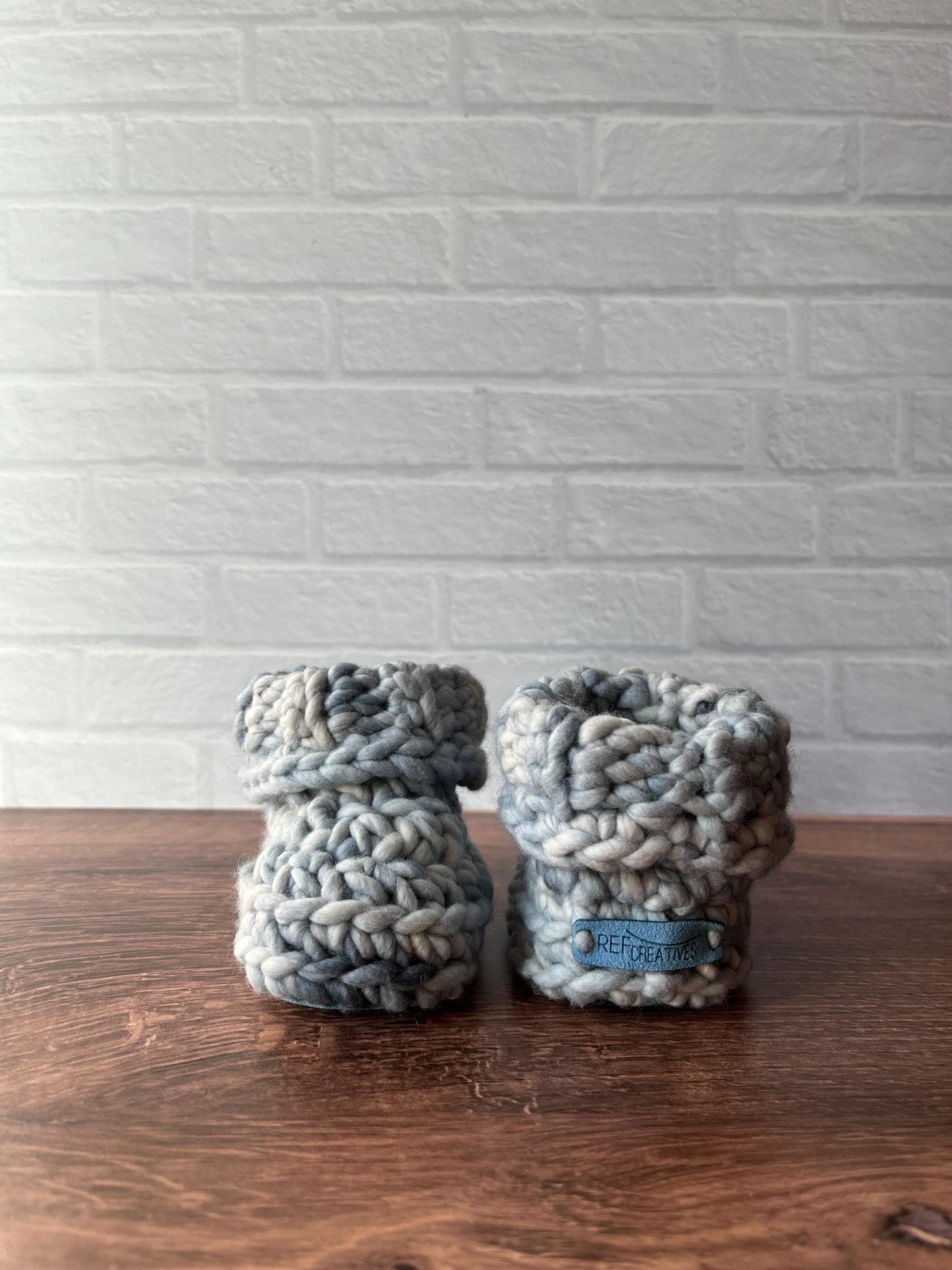 3-6 months - Luxury Grey Blue “I’m Snow Cute” Merino Wool Crochet Baby Booties - Hand Crocheted Baby Booties with Hand Dyed Yarn