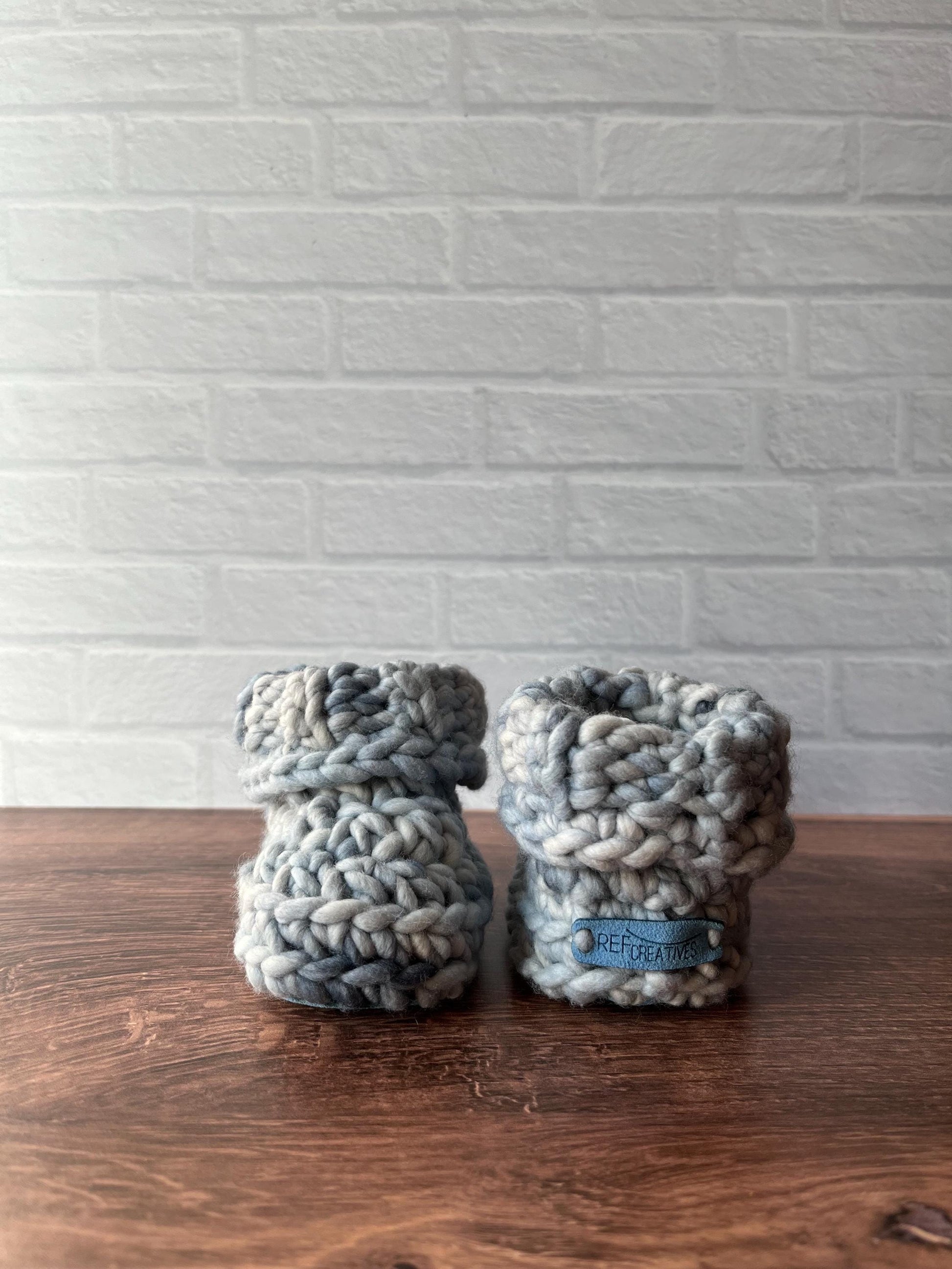 3-6 months - Luxury Grey Blue “I’m Snow Cute” Merino Wool Crochet Baby Booties - Hand Crocheted Baby Booties with Hand Dyed Yarn