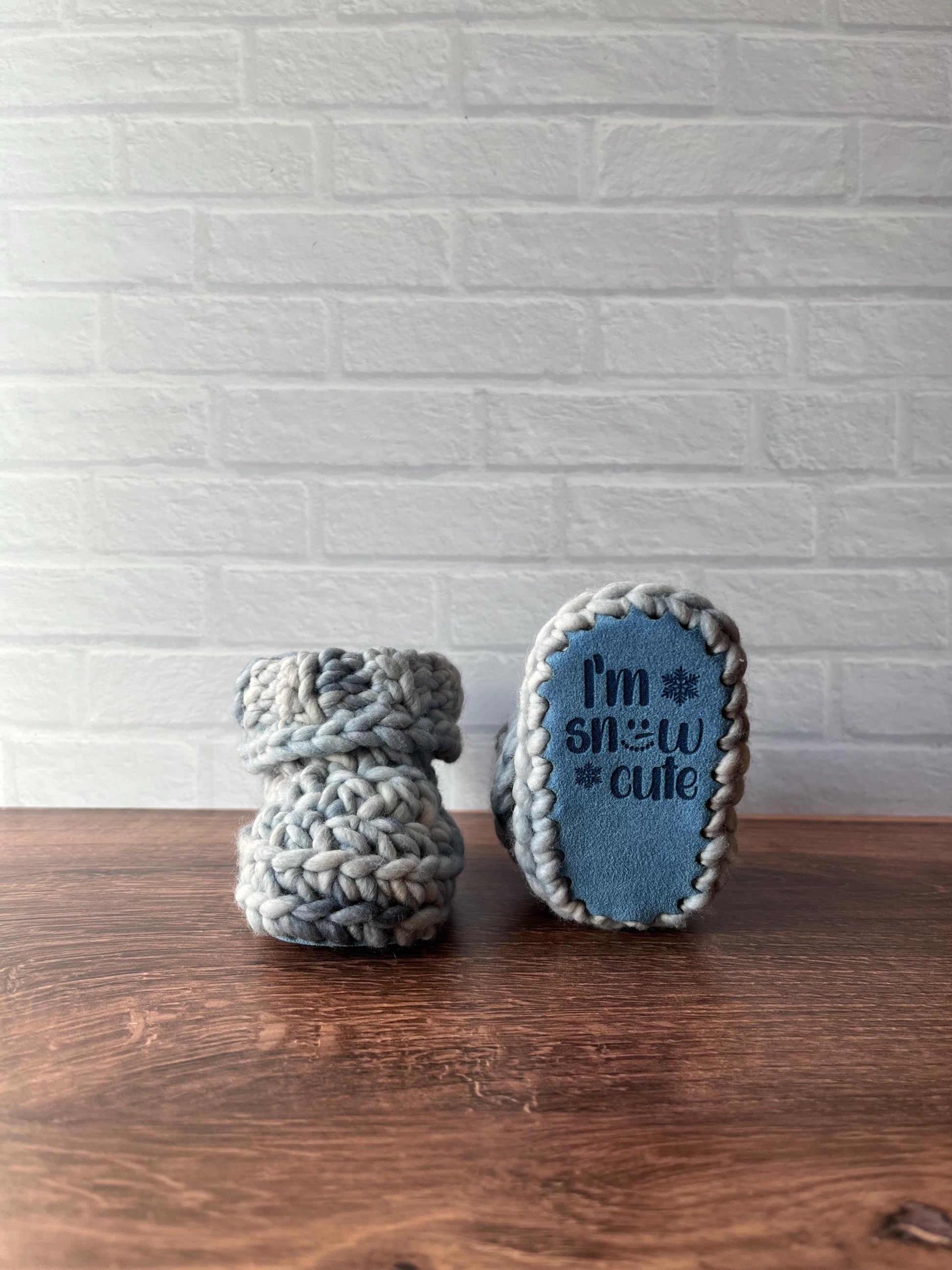3-6 months - Luxury Grey Blue “I’m Snow Cute” Merino Wool Crochet Baby Booties - Hand Crocheted Baby Booties with Hand Dyed Yarn