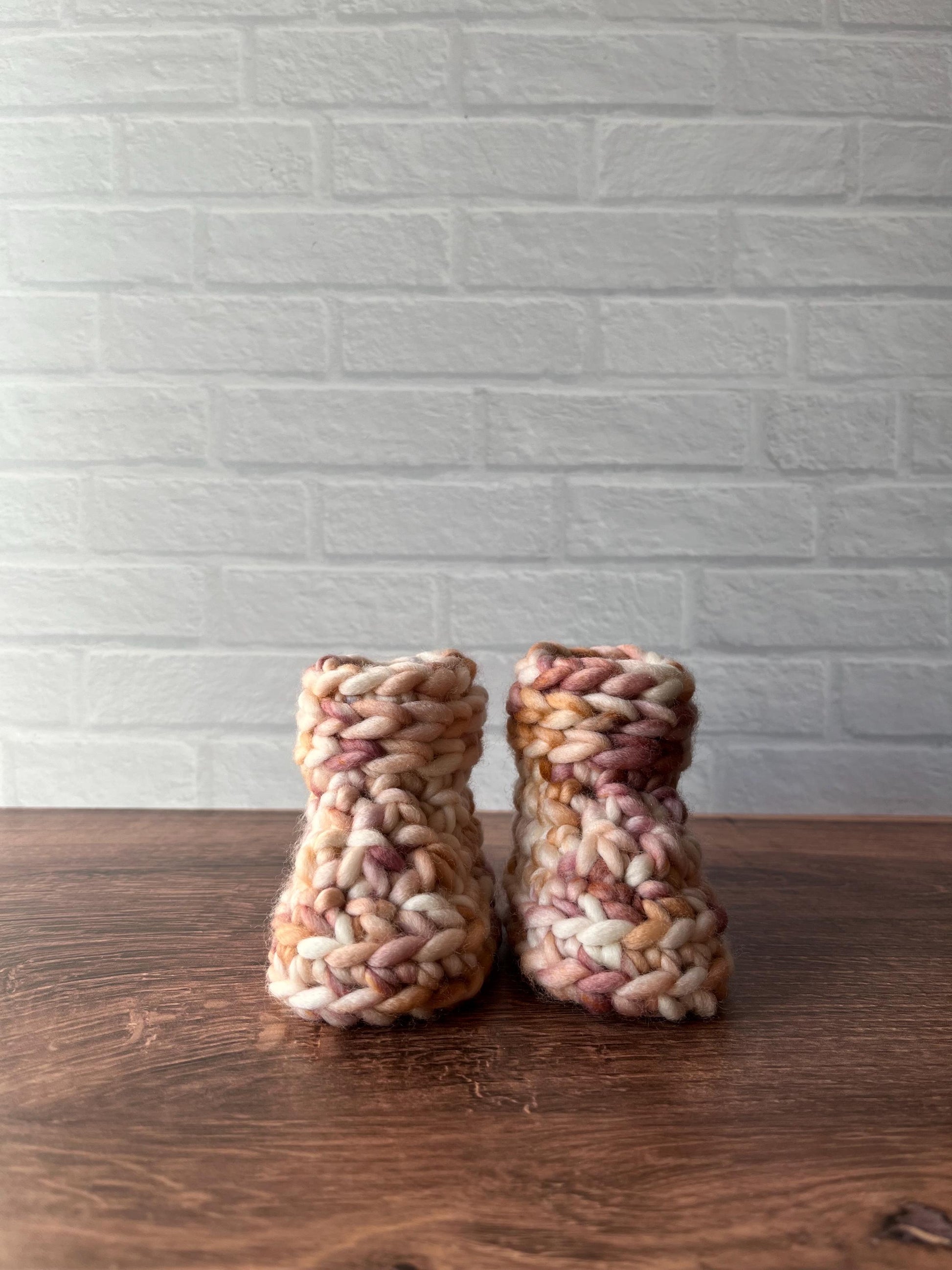 0-3 months - Luxury Mauve “Hello I’m New Here” Merino Wool Crochet Baby Booties - Hand Crocheted Baby Booties with Hand Dyed Yarn