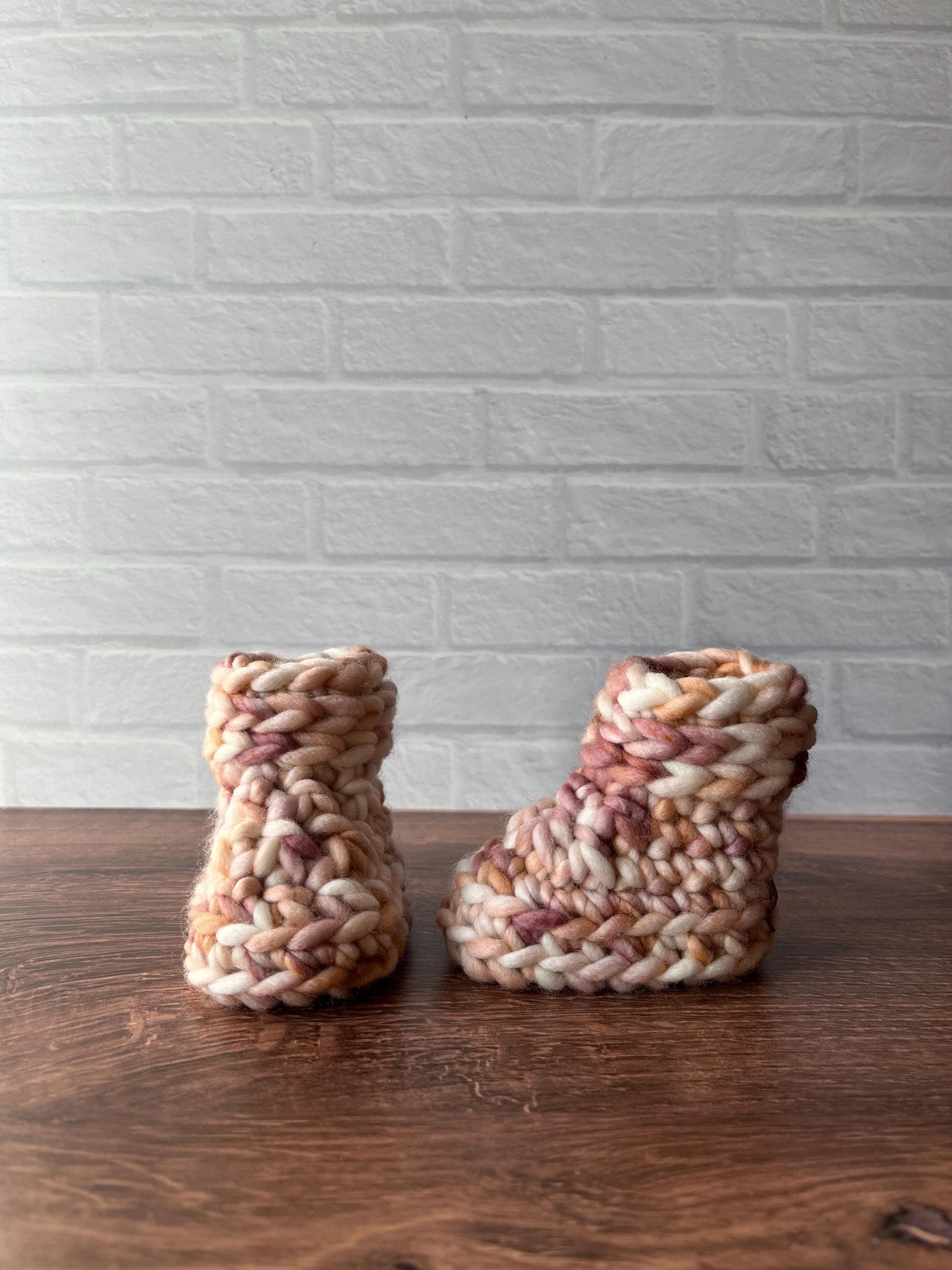 0-3 months - Luxury Mauve “Hello I’m New Here” Merino Wool Crochet Baby Booties - Hand Crocheted Baby Booties with Hand Dyed Yarn