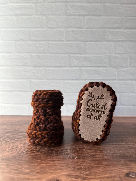 3-6 months - Luxury Brown “Cutest Reindeer of All” Merino Wool Crochet Baby Booties - Hand Crocheted Baby Booties with Hand Dyed Yarn