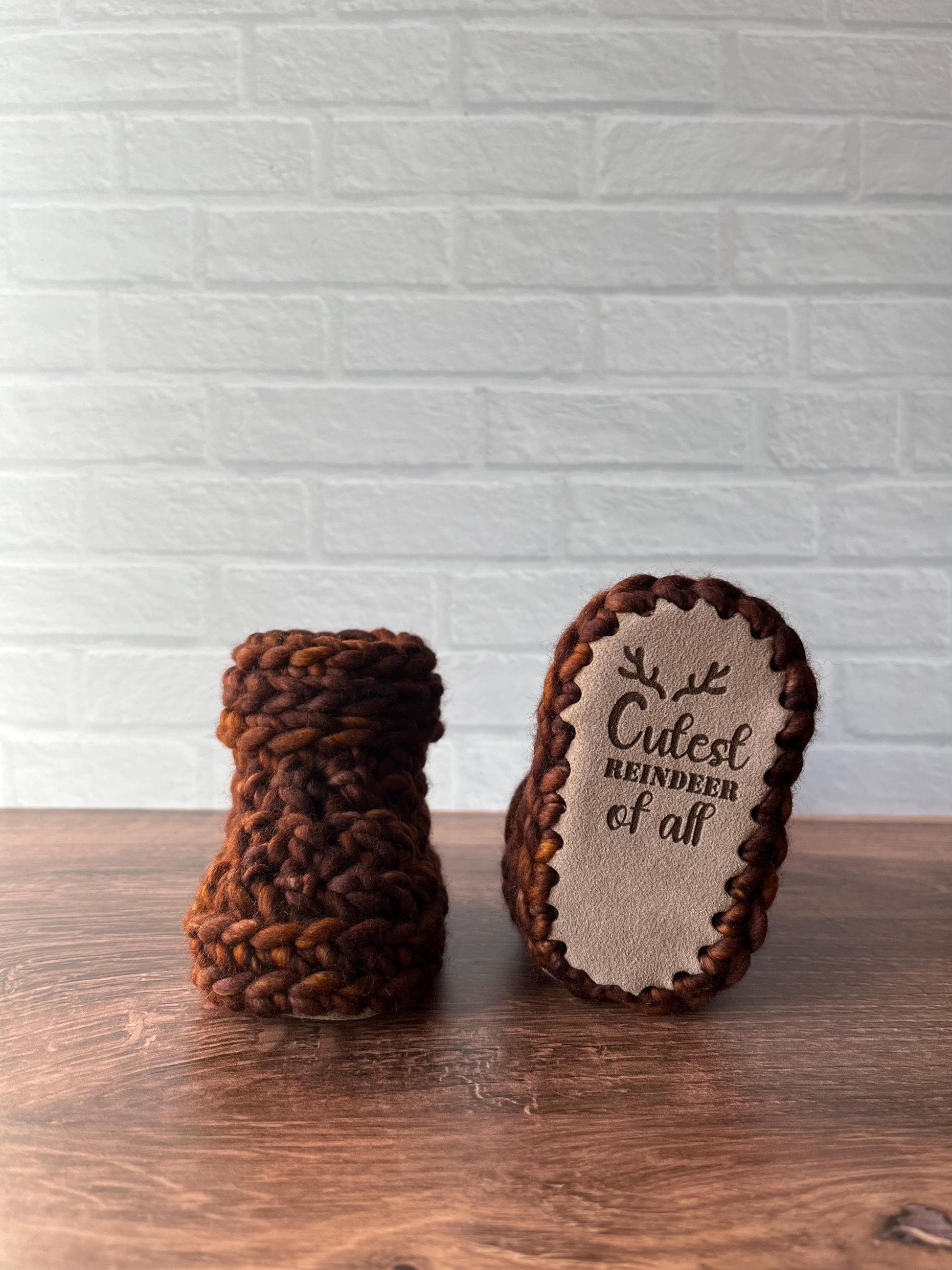 3-6 months - Luxury Brown “Cutest Reindeer of All” Merino Wool Crochet Baby Booties - Hand Crocheted Baby Booties with Hand Dyed Yarn