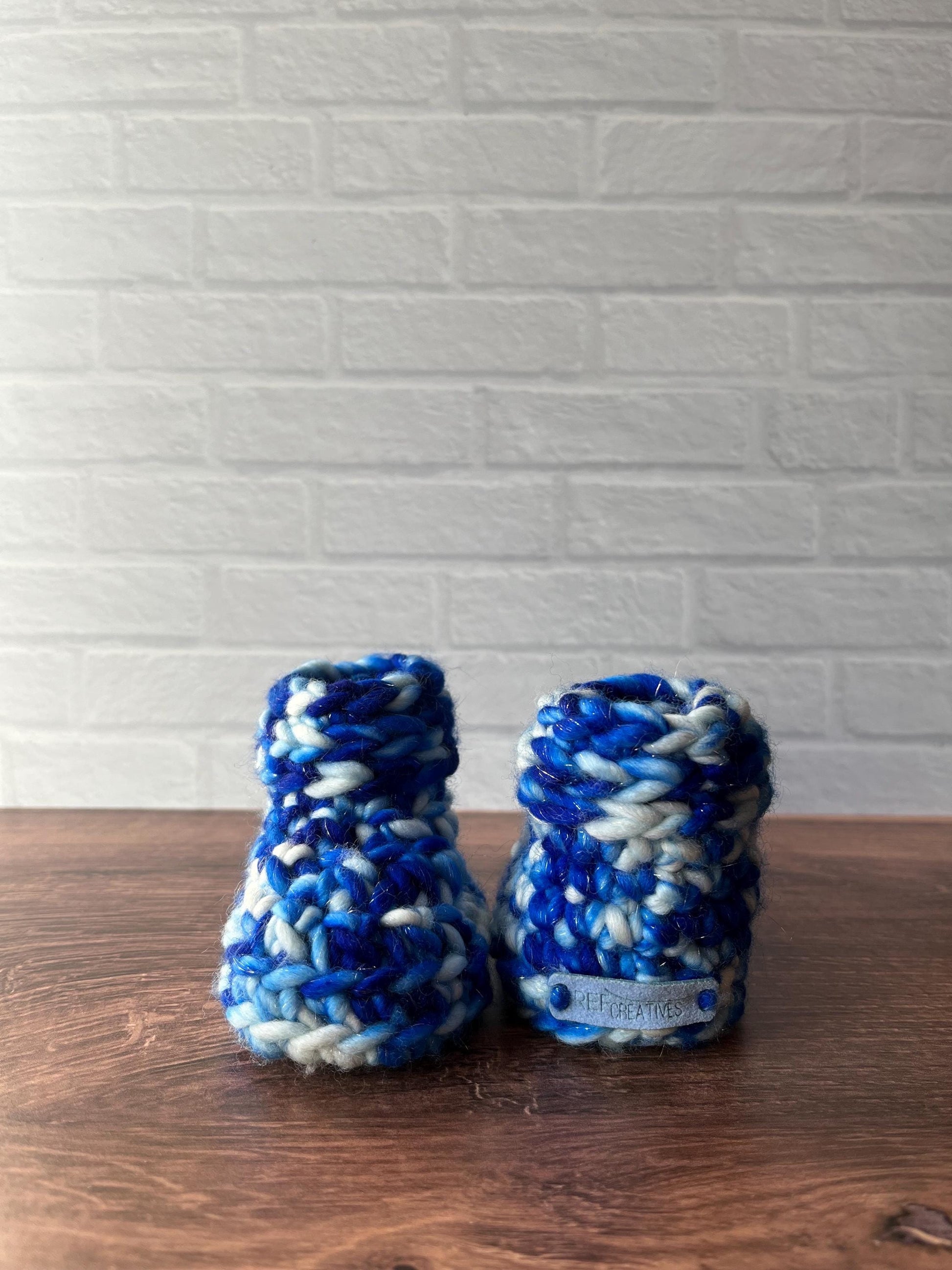 3-6 months - Luxury Sparkly Blue “I'm Snow Cute” Merino Wool Crochet Baby Booties - Hand Crocheted Baby Booties with Hand Dyed Yarn