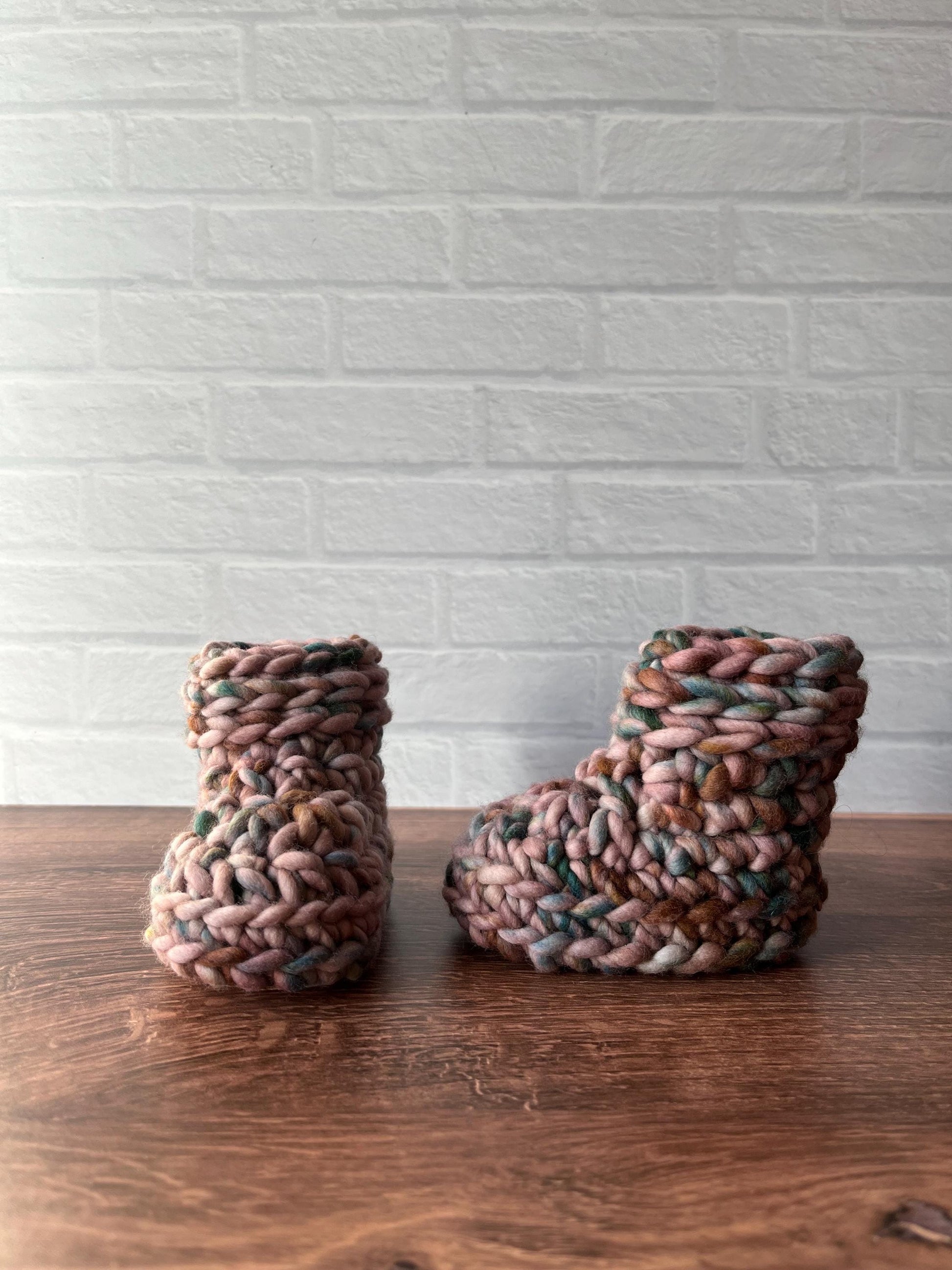 3-6 months - Luxury Muted Pink “Hello I’m New Here” Merino Wool Crochet Baby Booties - Hand Crocheted Baby Booties with Hand Dyed Yarn