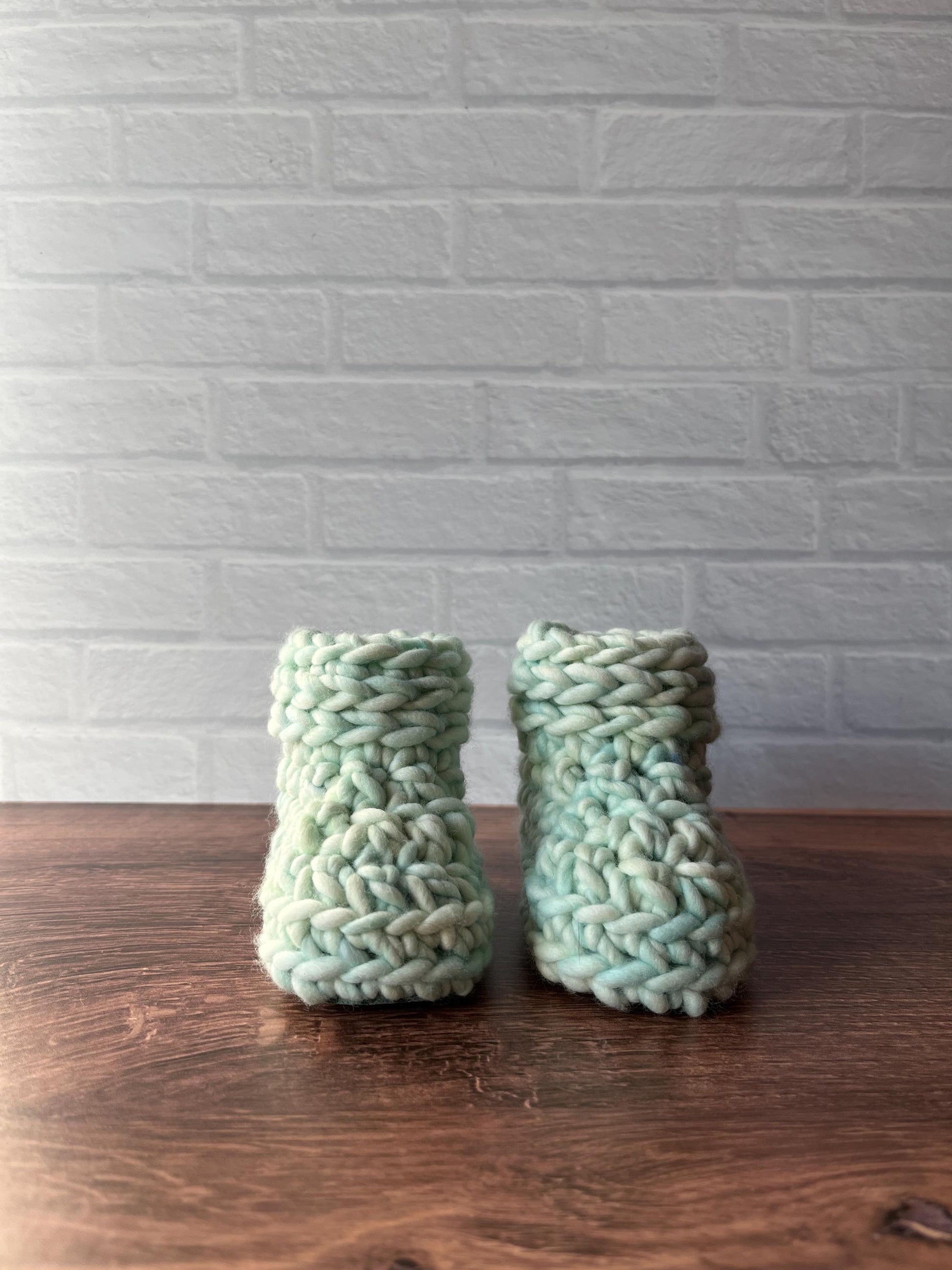3-6 months - Luxury Green “Hello I’m New Here” Merino Wool Crochet Baby Booties - Hand Crocheted Baby Booties with Hand Dyed Yarn