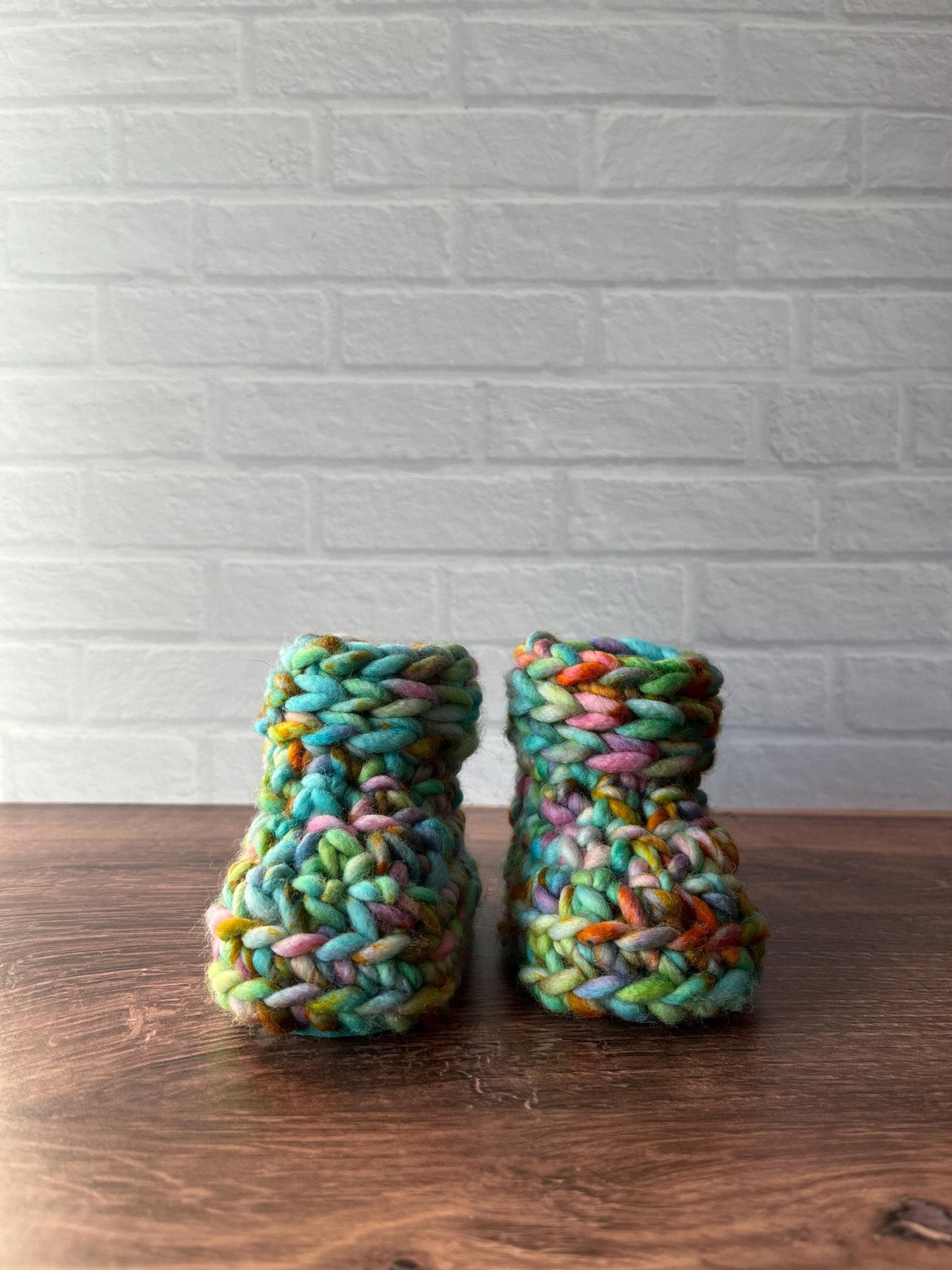3-6 months - Luxury Turquoise “Hello I’m New Here” Merino Wool Crochet Baby Booties - Hand Crocheted Baby Booties with Hand Dyed Yarn