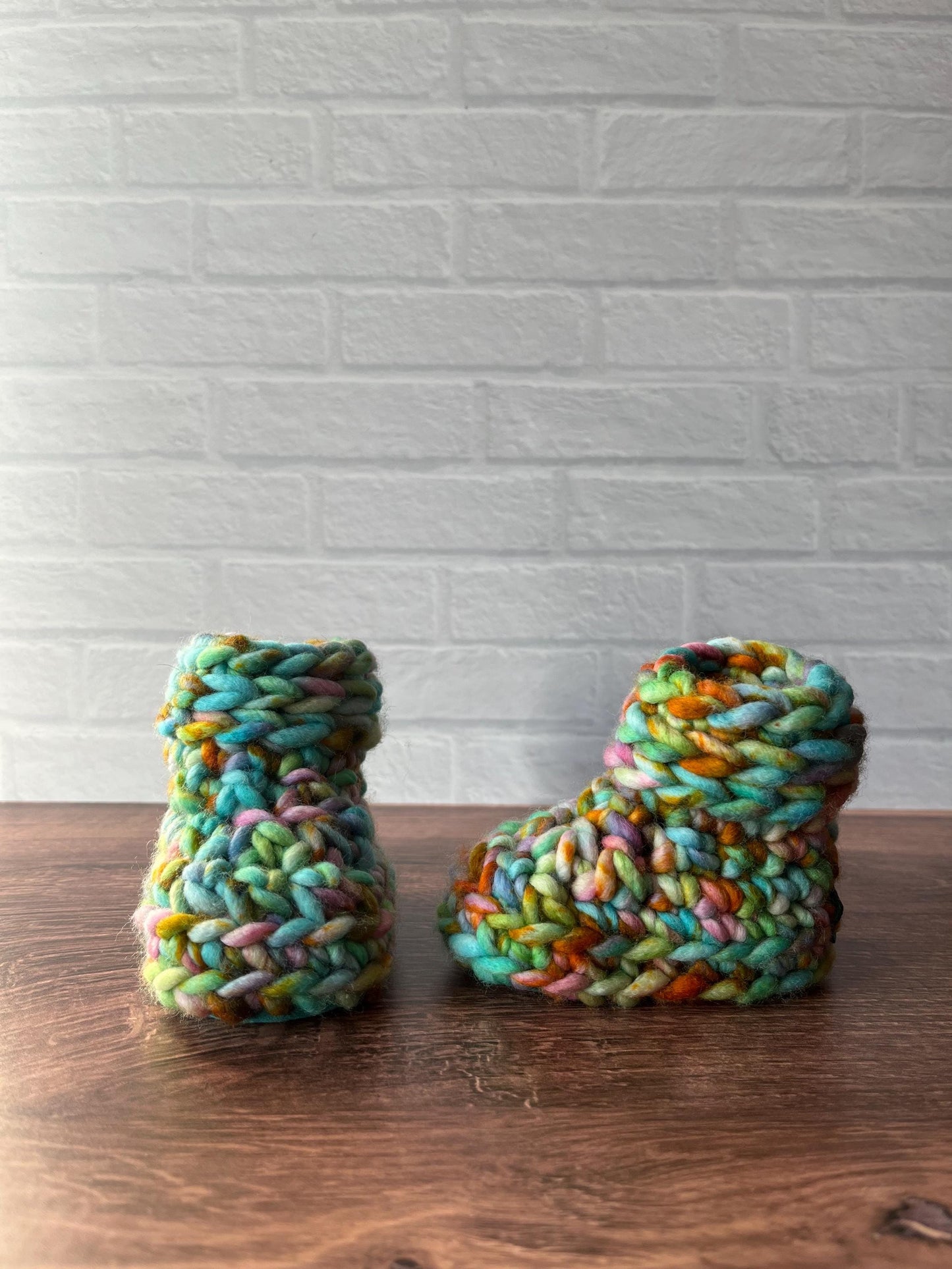 3-6 months - Luxury Turquoise “Hello I’m New Here” Merino Wool Crochet Baby Booties - Hand Crocheted Baby Booties with Hand Dyed Yarn