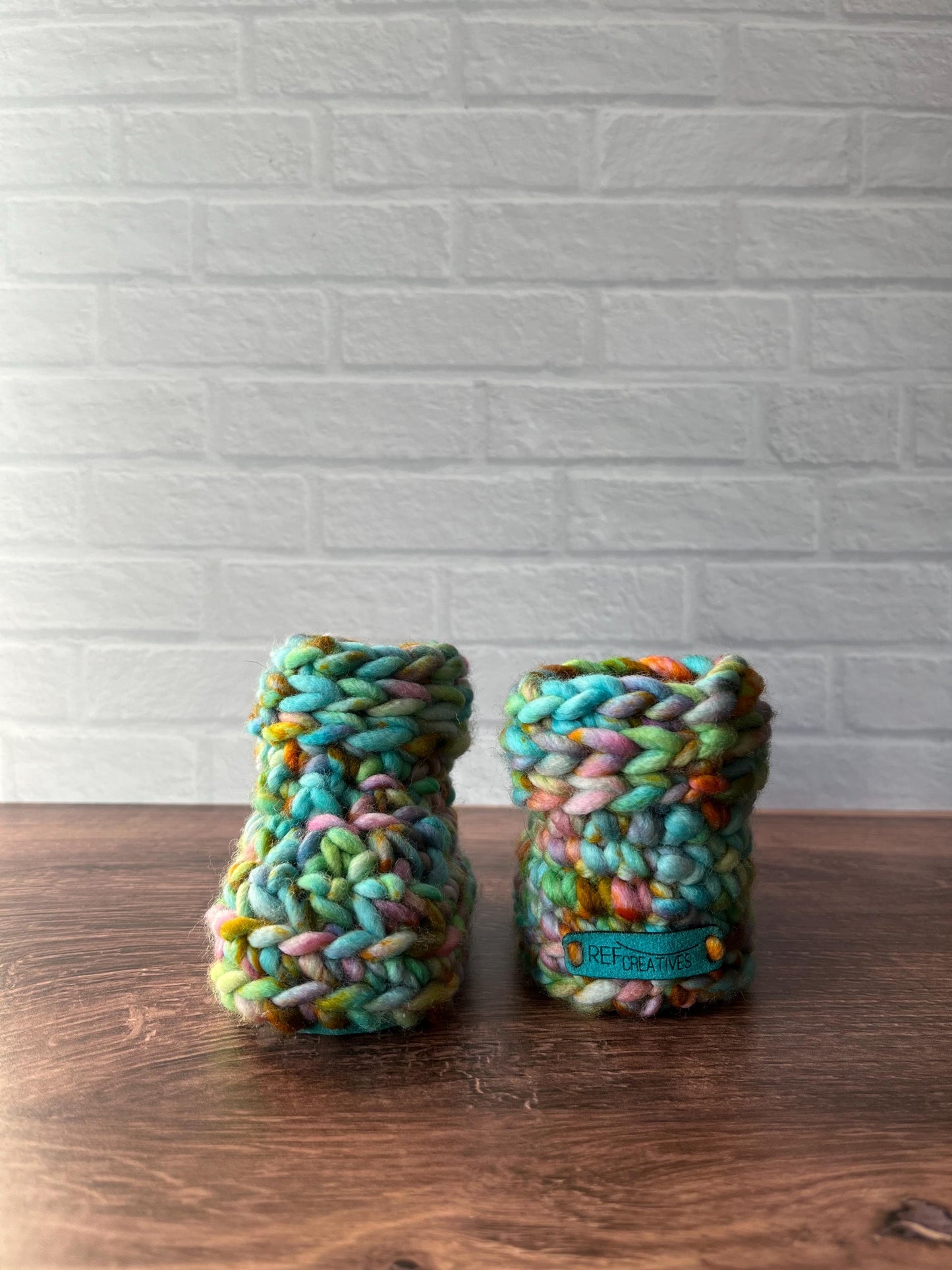 3-6 months - Luxury Turquoise “Hello I’m New Here” Merino Wool Crochet Baby Booties - Hand Crocheted Baby Booties with Hand Dyed Yarn
