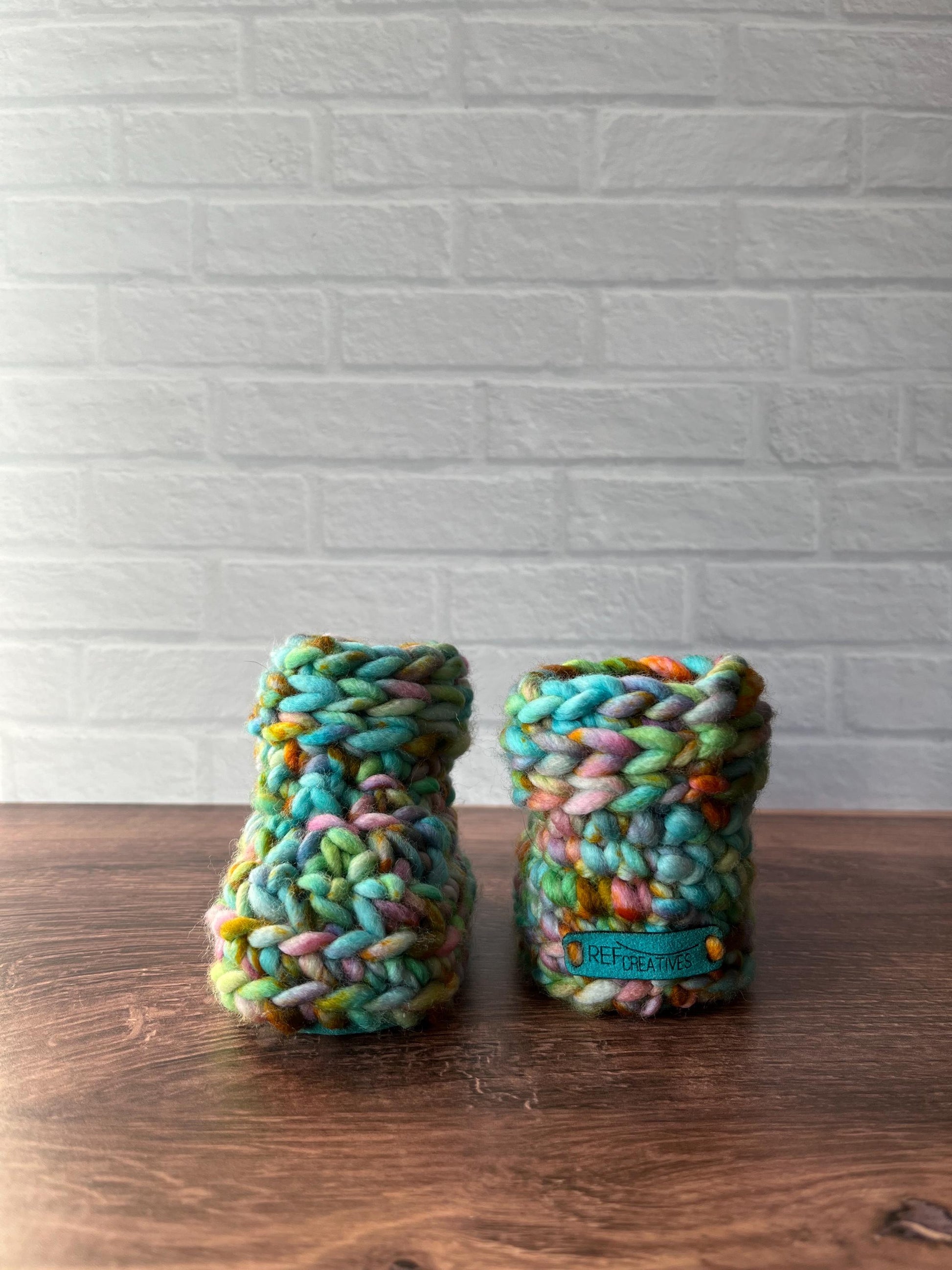 3-6 months - Luxury Turquoise “Hello I’m New Here” Merino Wool Crochet Baby Booties - Hand Crocheted Baby Booties with Hand Dyed Yarn