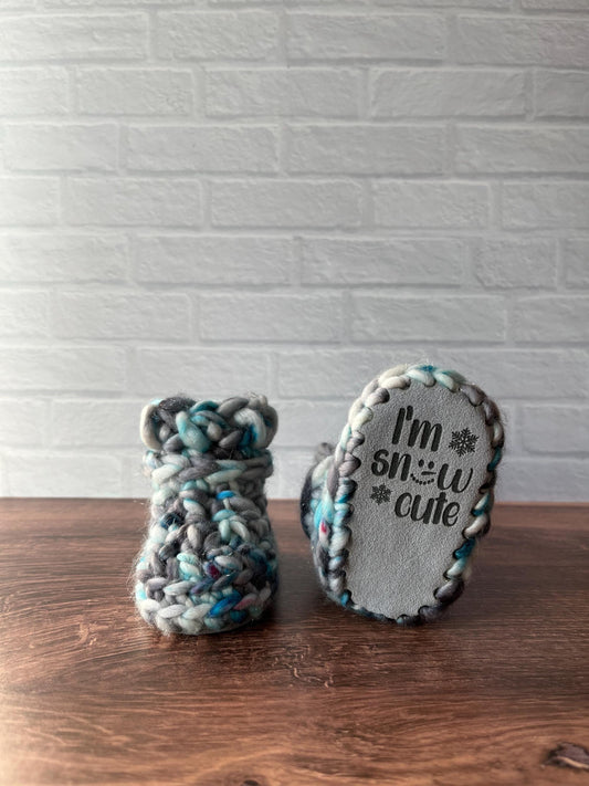 3-6 months - Luxury Sparkly “I'm Snow Cute” Merino Wool Crochet Baby Booties - Hand Crocheted Baby Booties with Hand Dyed Yarn
