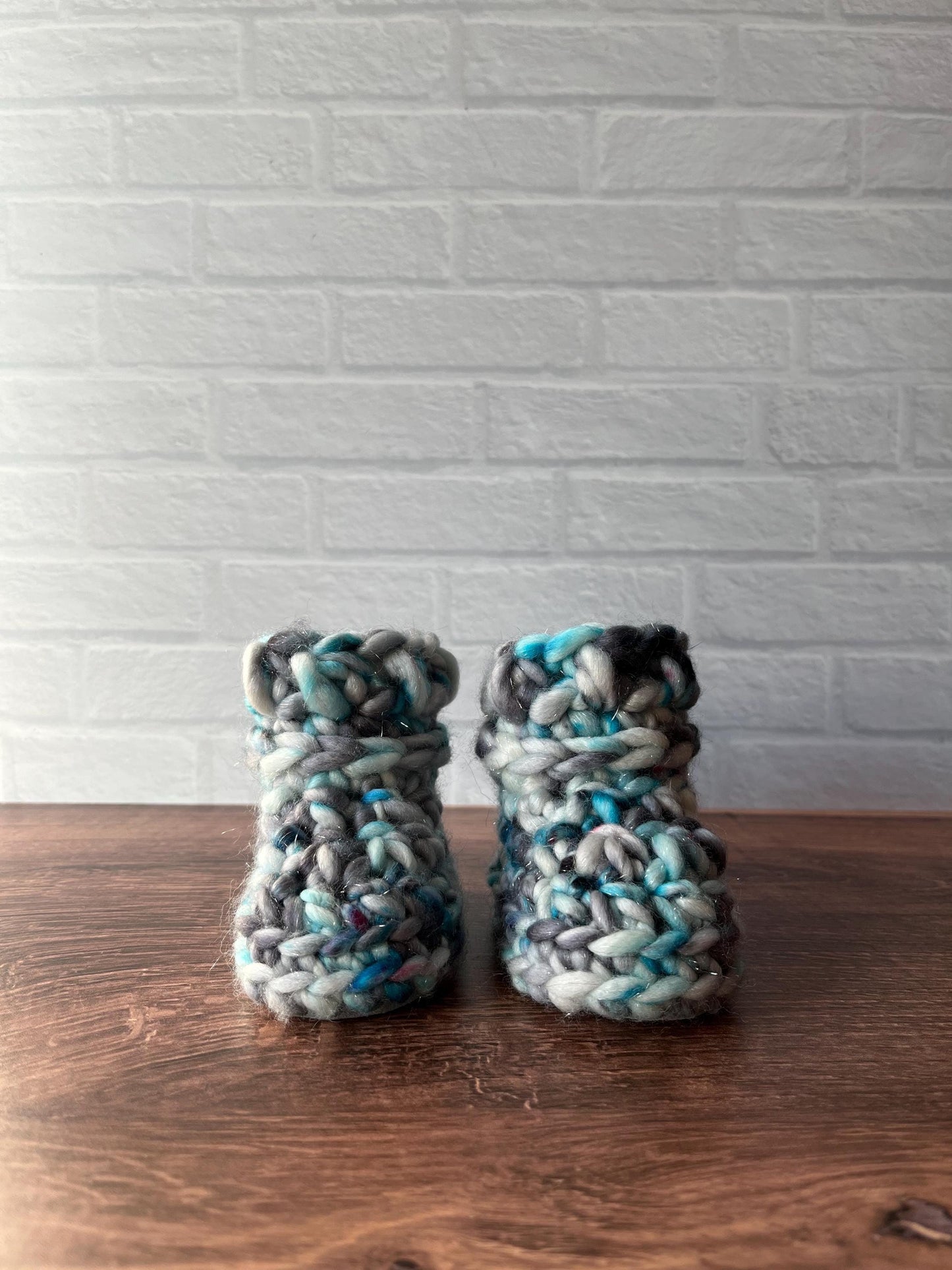 3-6 months - Luxury Sparkly “I'm Snow Cute” Merino Wool Crochet Baby Booties - Hand Crocheted Baby Booties with Hand Dyed Yarn